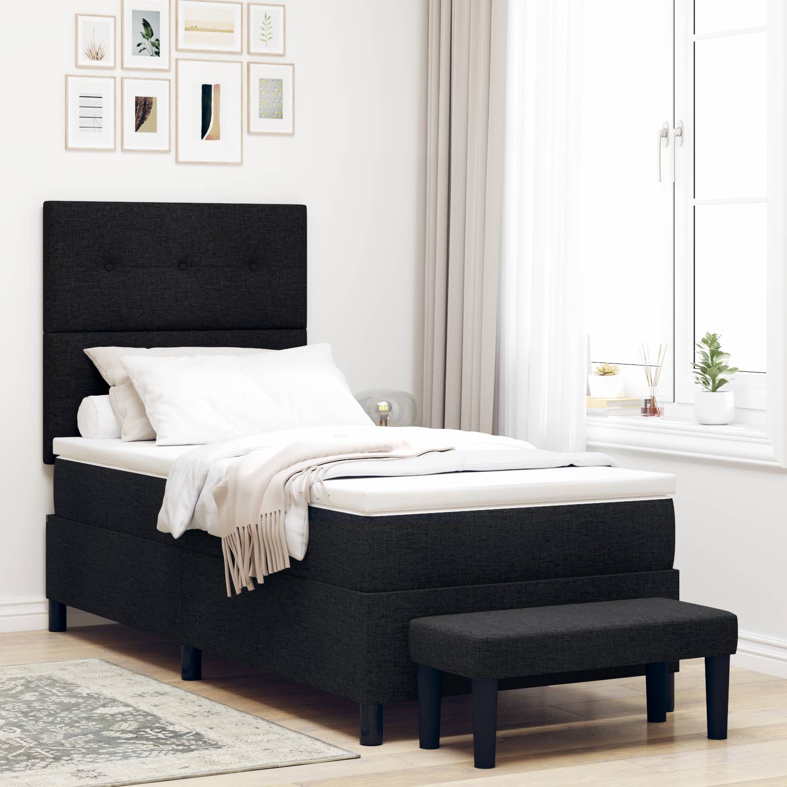 vidaXL Boxspringbett mit Matratze & Bank Schwarz 100x200 cm Stoff