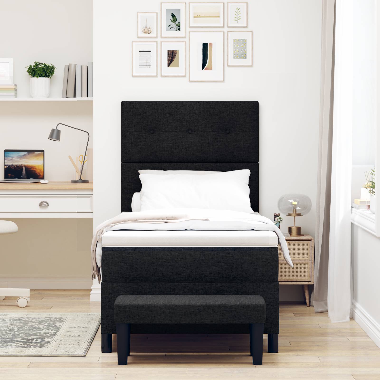 vidaXL Boxspringbett mit Matratze & Bank Schwarz 100x200 cm Stoff