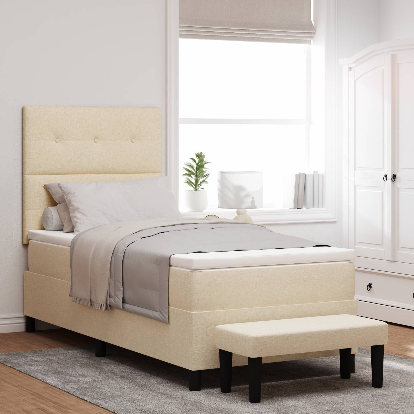 vidaXL Boxspringbett mit Matratze & Bank Creme 90x190 cm Stoff