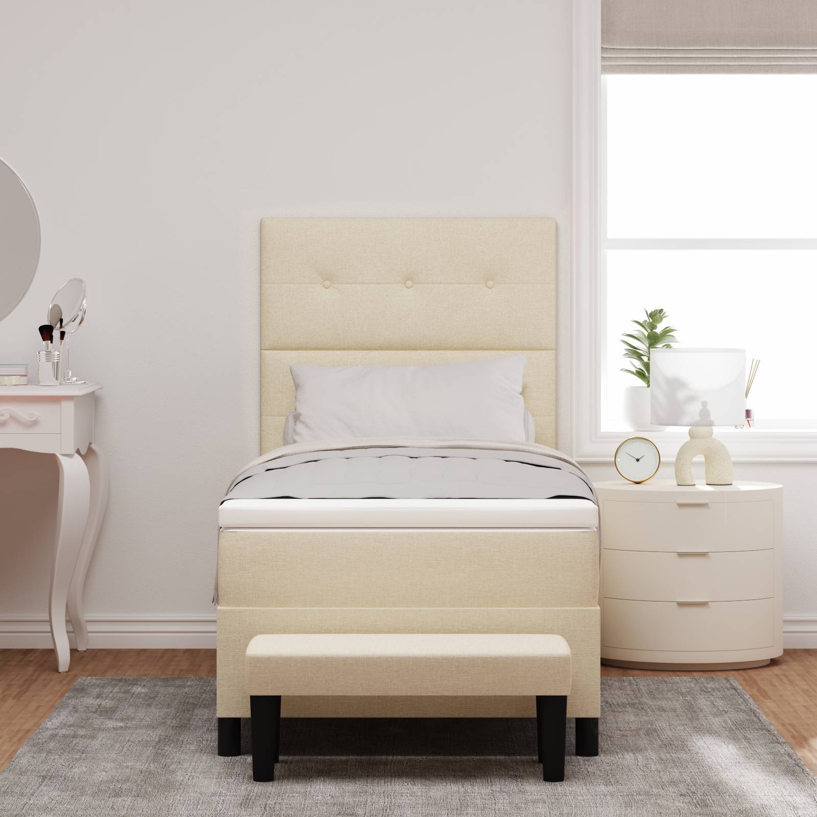 vidaXL Boxspringbett mit Matratze & Bank Creme 90x190 cm Stoff