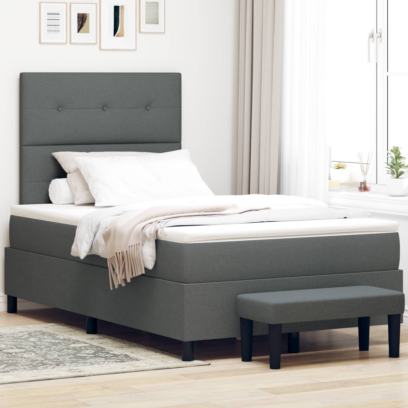 vidaXL Boxspringbett mit Matratze & Bank Dunkelgrau 120x200 cm Stoff