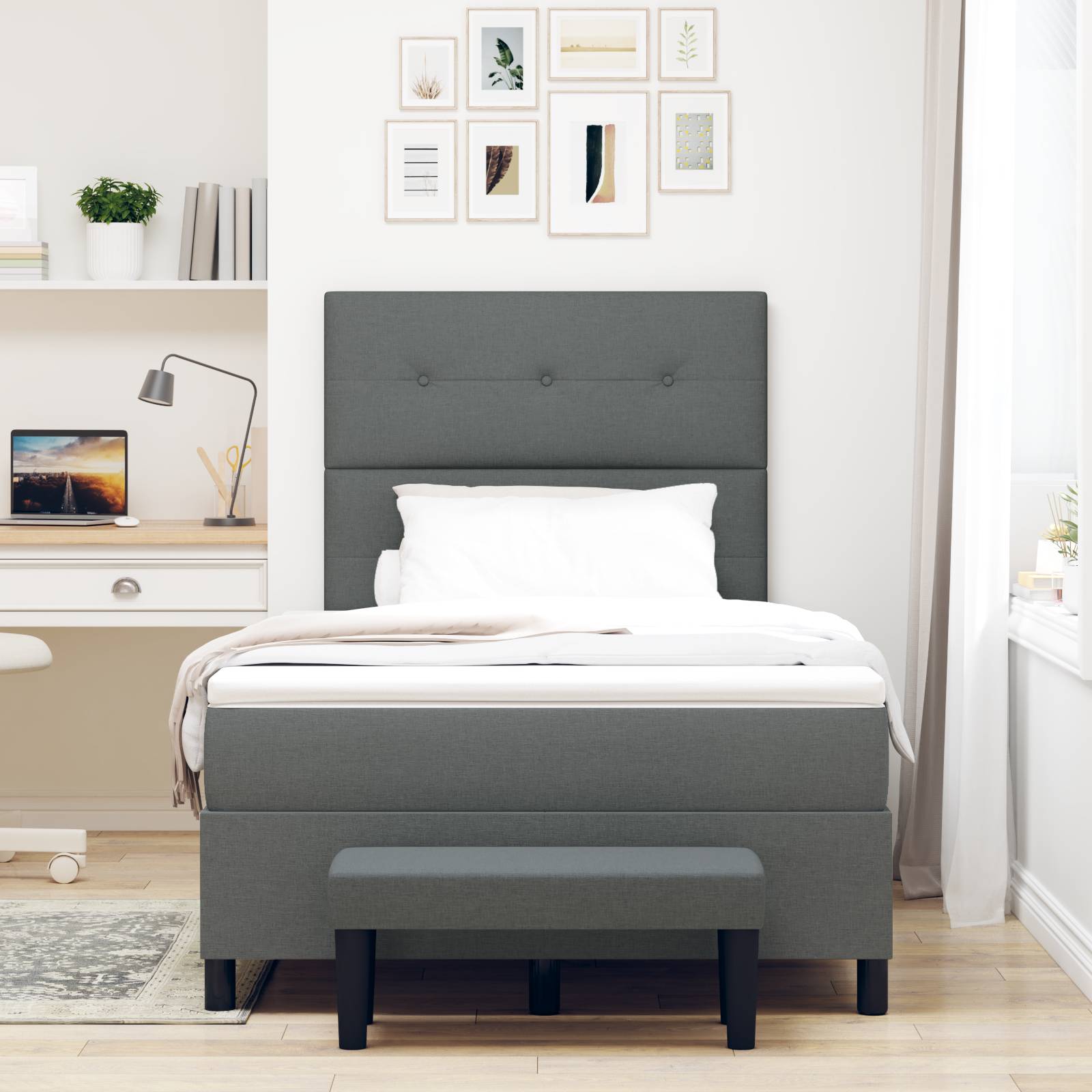 vidaXL Boxspringbett mit Matratze & Bank Dunkelgrau 120x200 cm Stoff