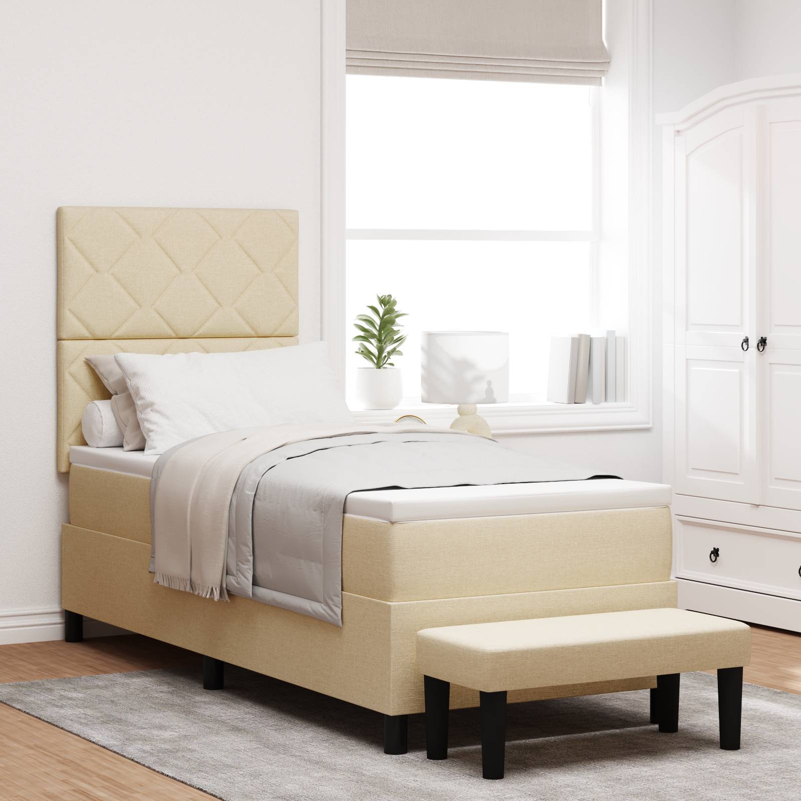 vidaXL Boxspringbett mit Matratze und Bank Creme 80x200 cm Stoff