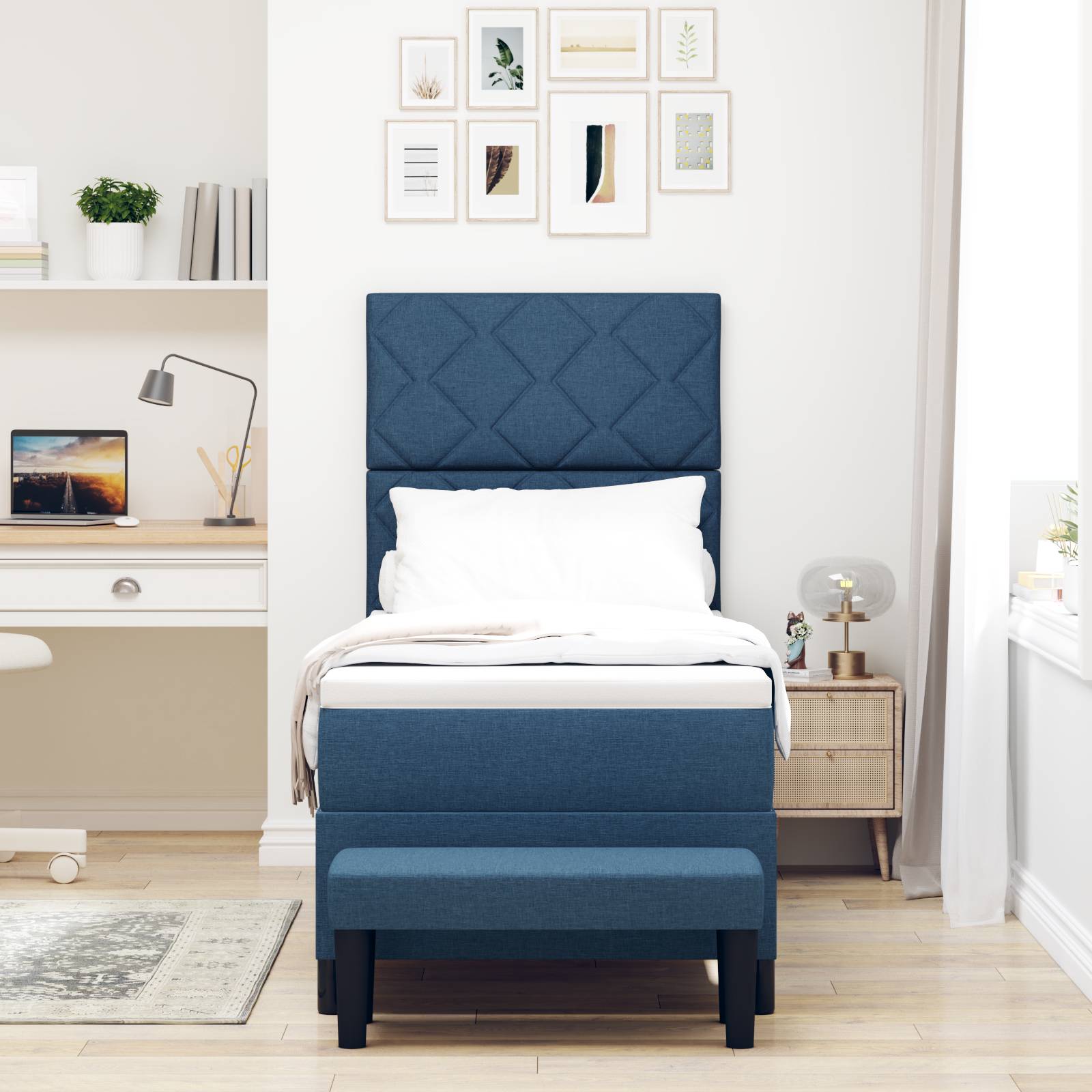 vidaXL Boxspringbett mit Matratze & Bank Blau 80x200 cm Stoff