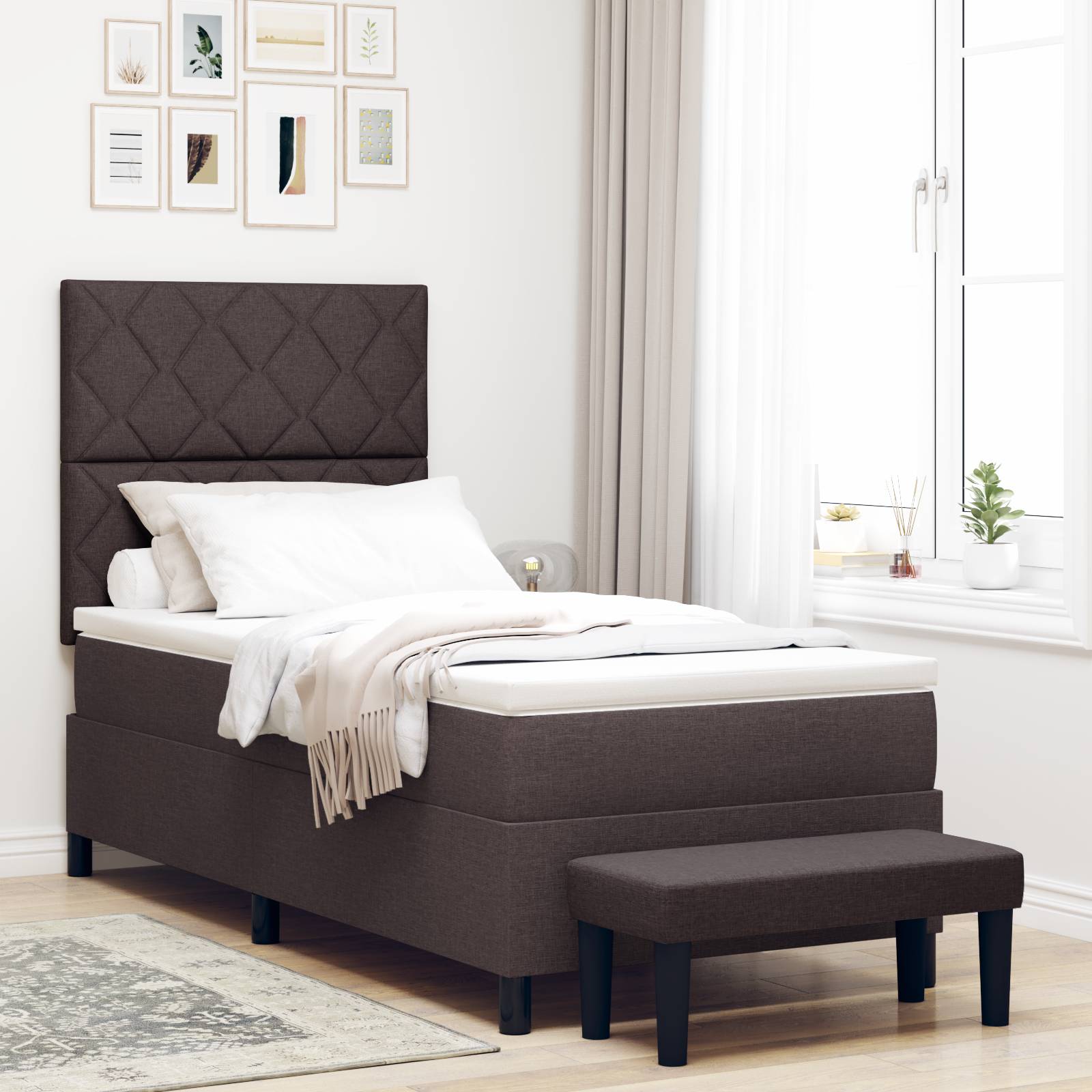 vidaXL Boxspringbett mit Matratze & Bank Dunkelbraun 90x200 cm Stoff