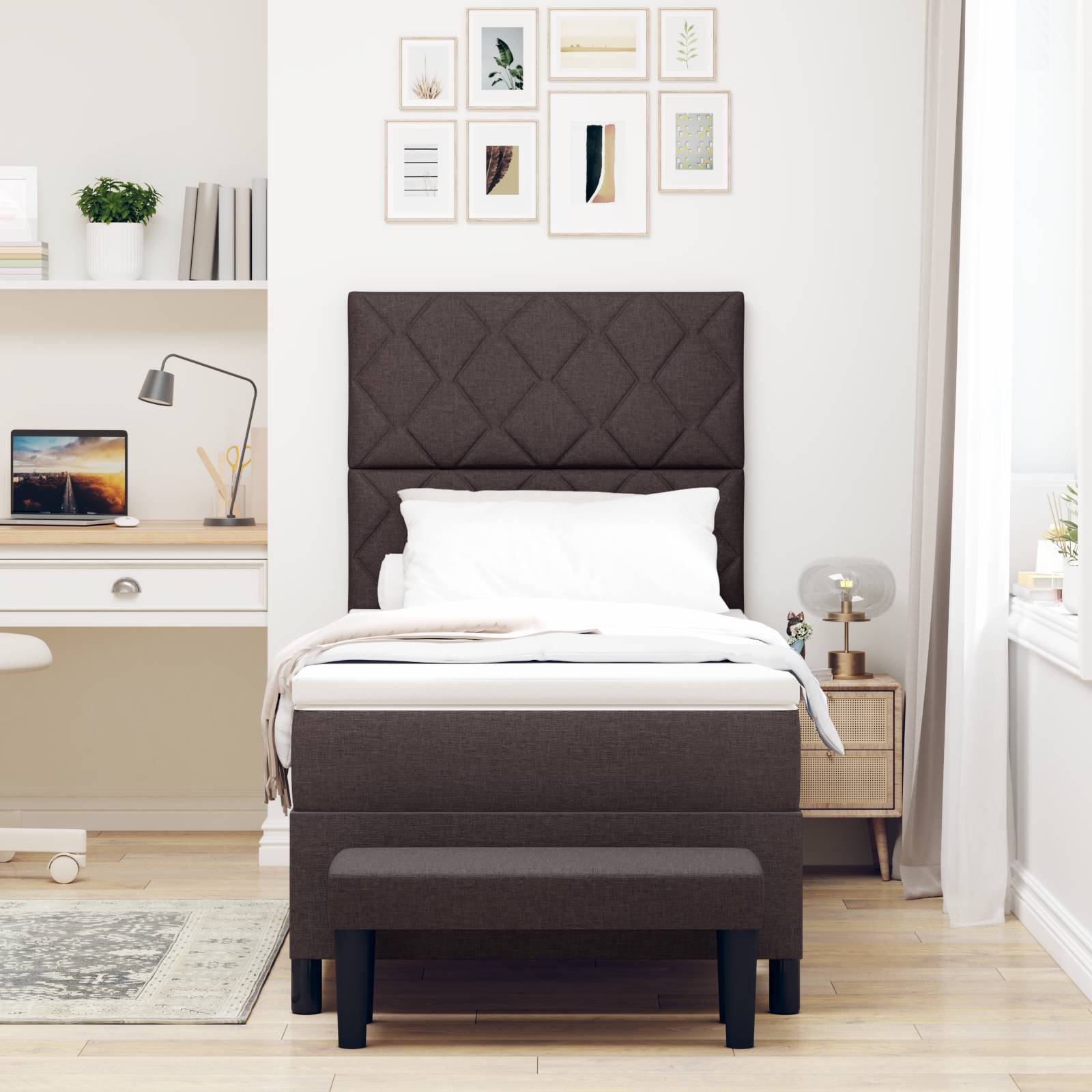 vidaXL Boxspringbett mit Matratze & Bank Dunkelbraun 90x200 cm Stoff