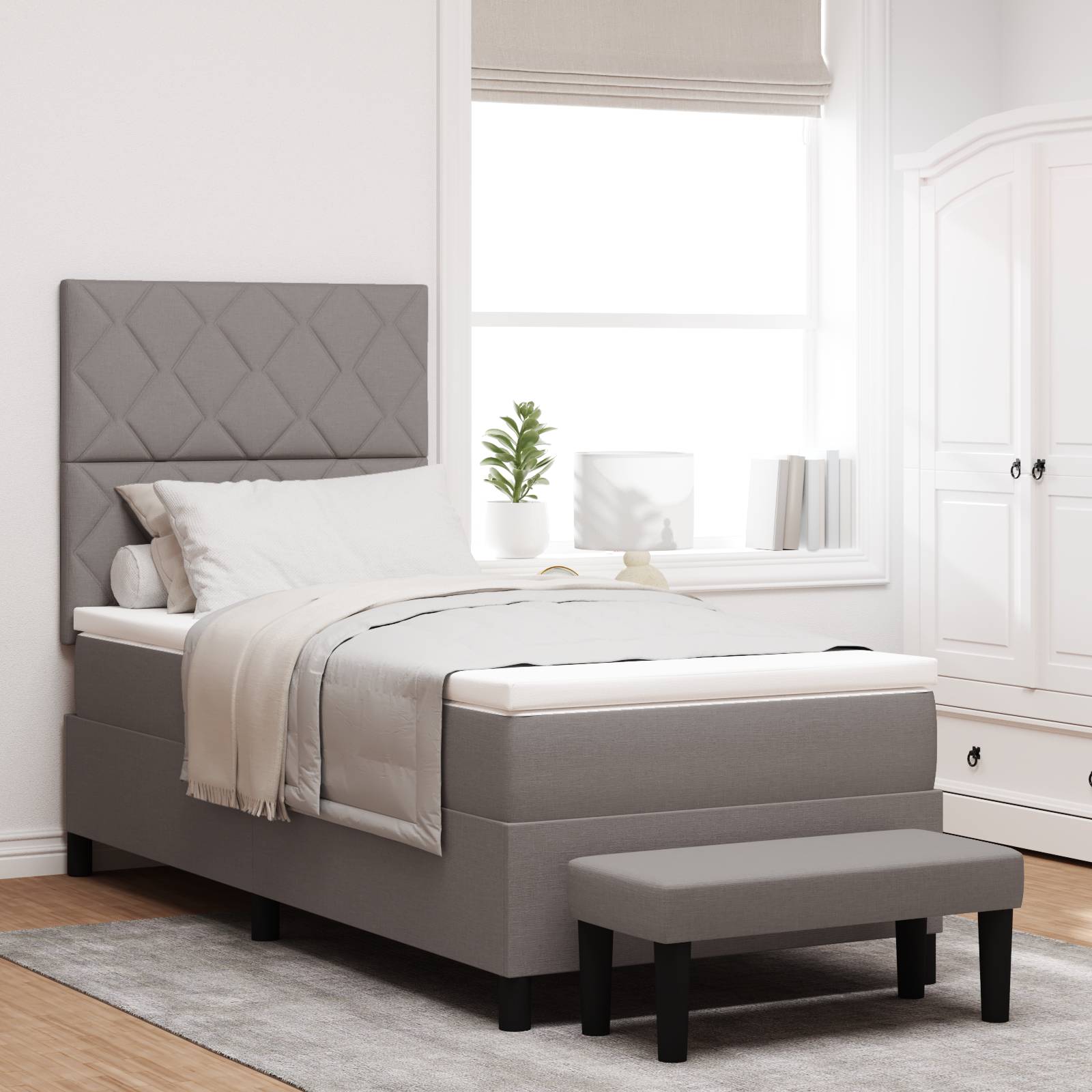 vidaXL Boxspringbett mit Matratze & Bank Taupe 90x200 cm Stoff
