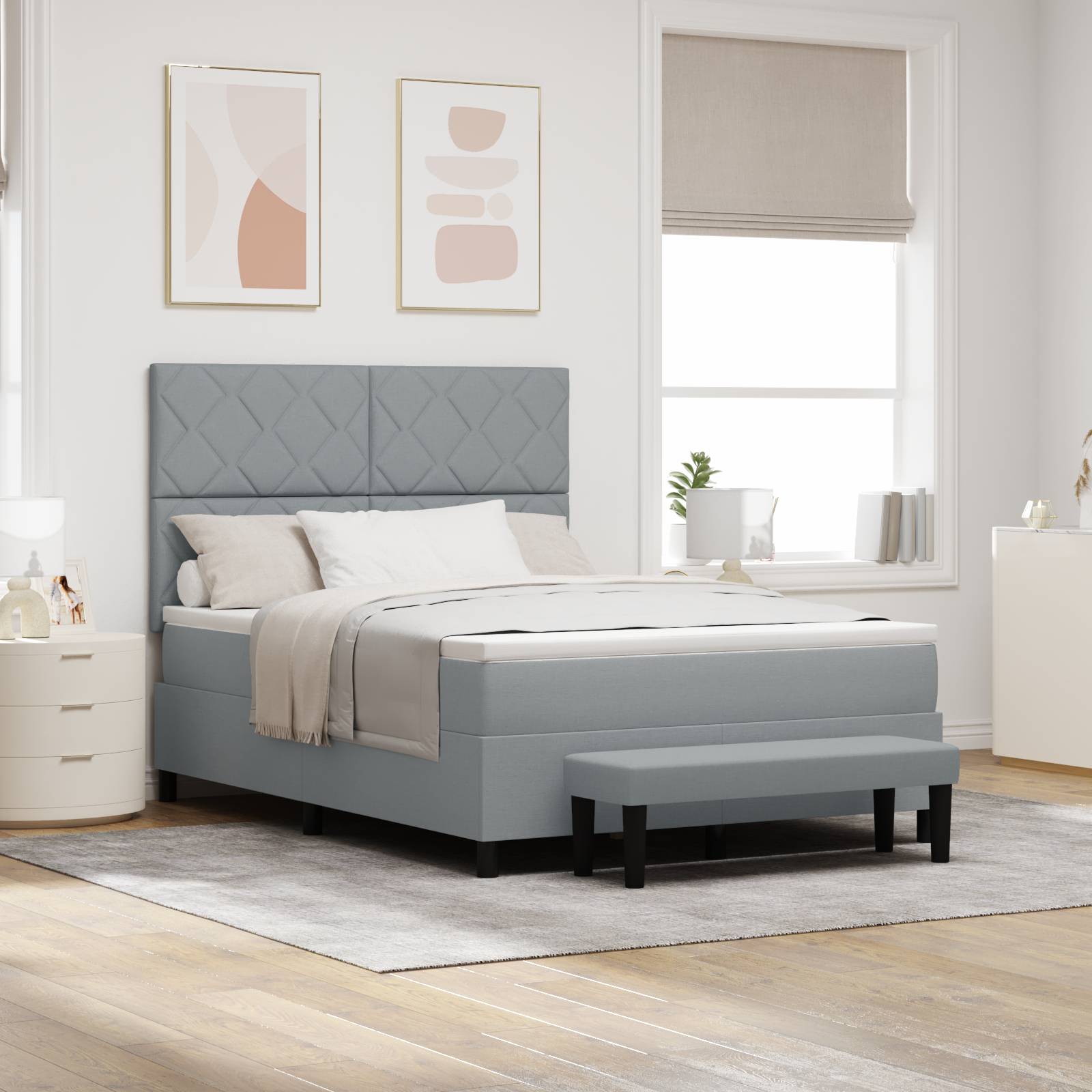 vidaXL Boxspringbett mit Matratze & Bank Hellgrau 160 x 200 cm Stoff