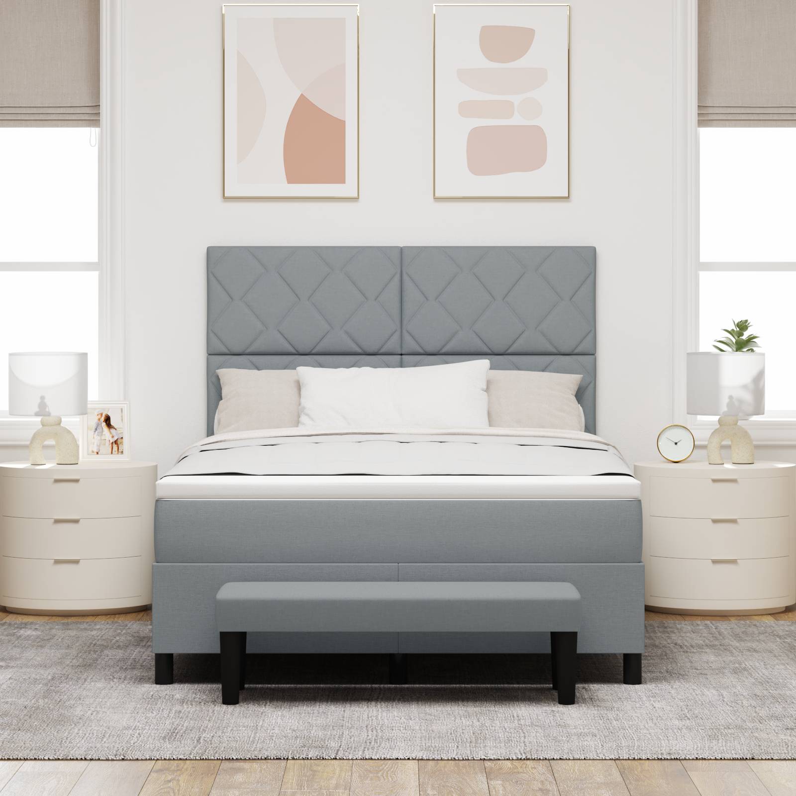 vidaXL Boxspringbett mit Matratze & Bank Hellgrau 160 x 200 cm Stoff