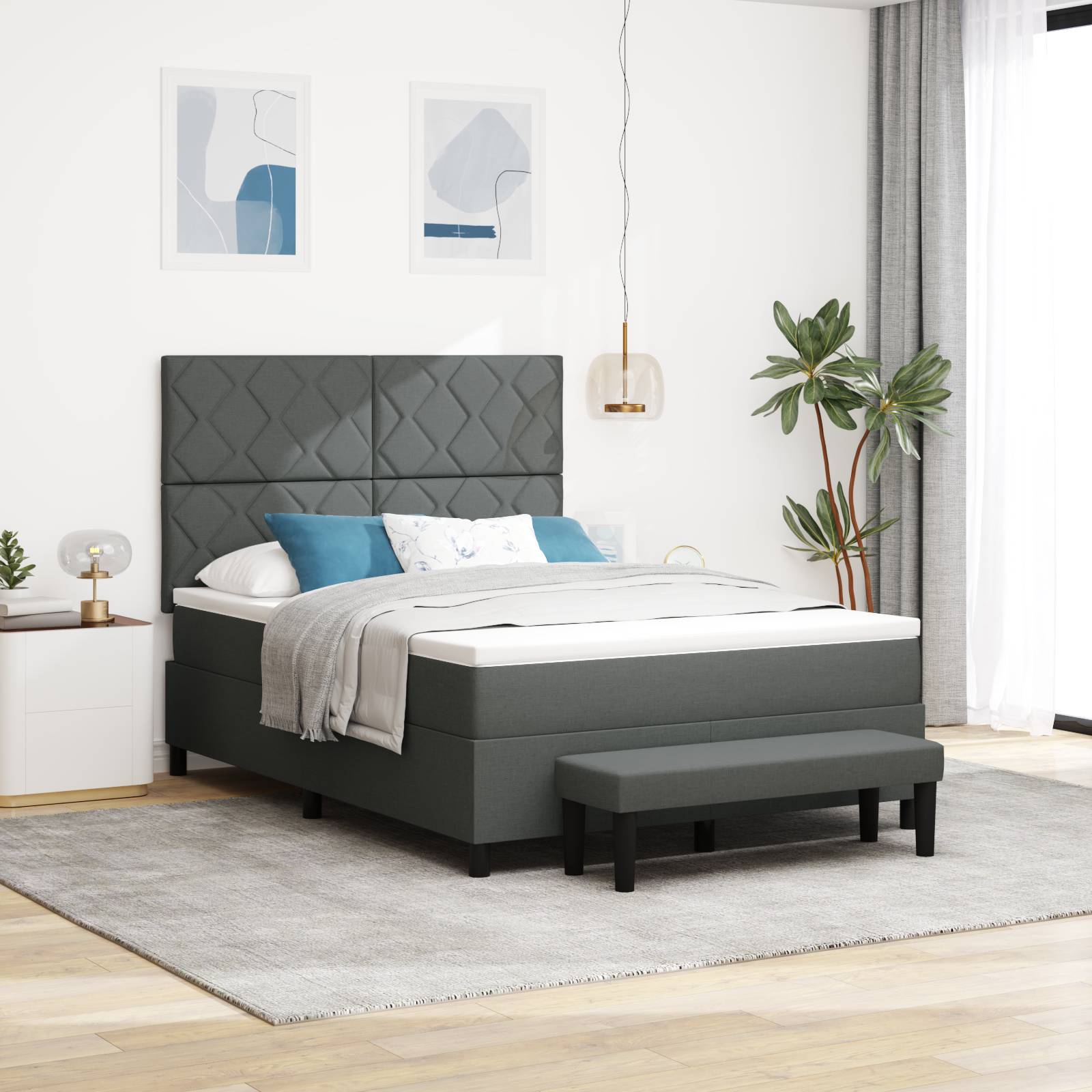 vidaXL Boxspringbett mit Matratze & Bank Dunkelgrau 140x190 cm Stoff