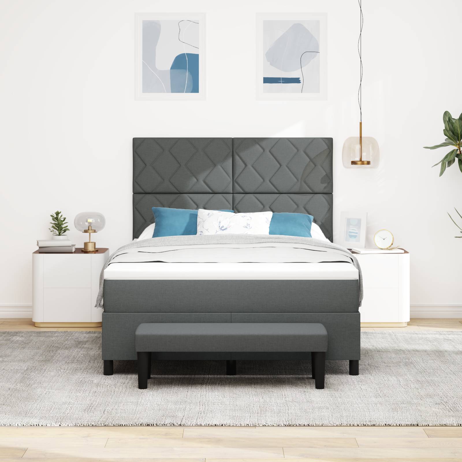 vidaXL Boxspringbett mit Matratze & Bank Dunkelgrau 140x190 cm Stoff