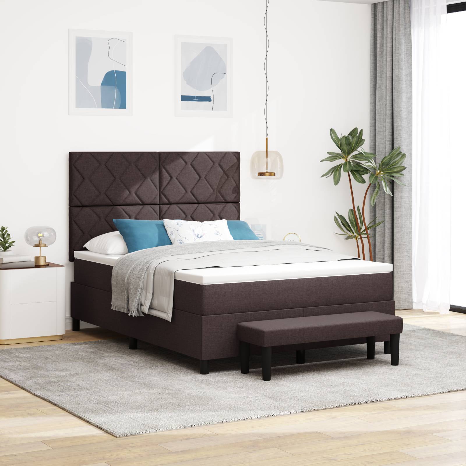 vidaXL Boxspringbett mit Matratze & Bank Dunkelbraun 140x190 cm Stoff