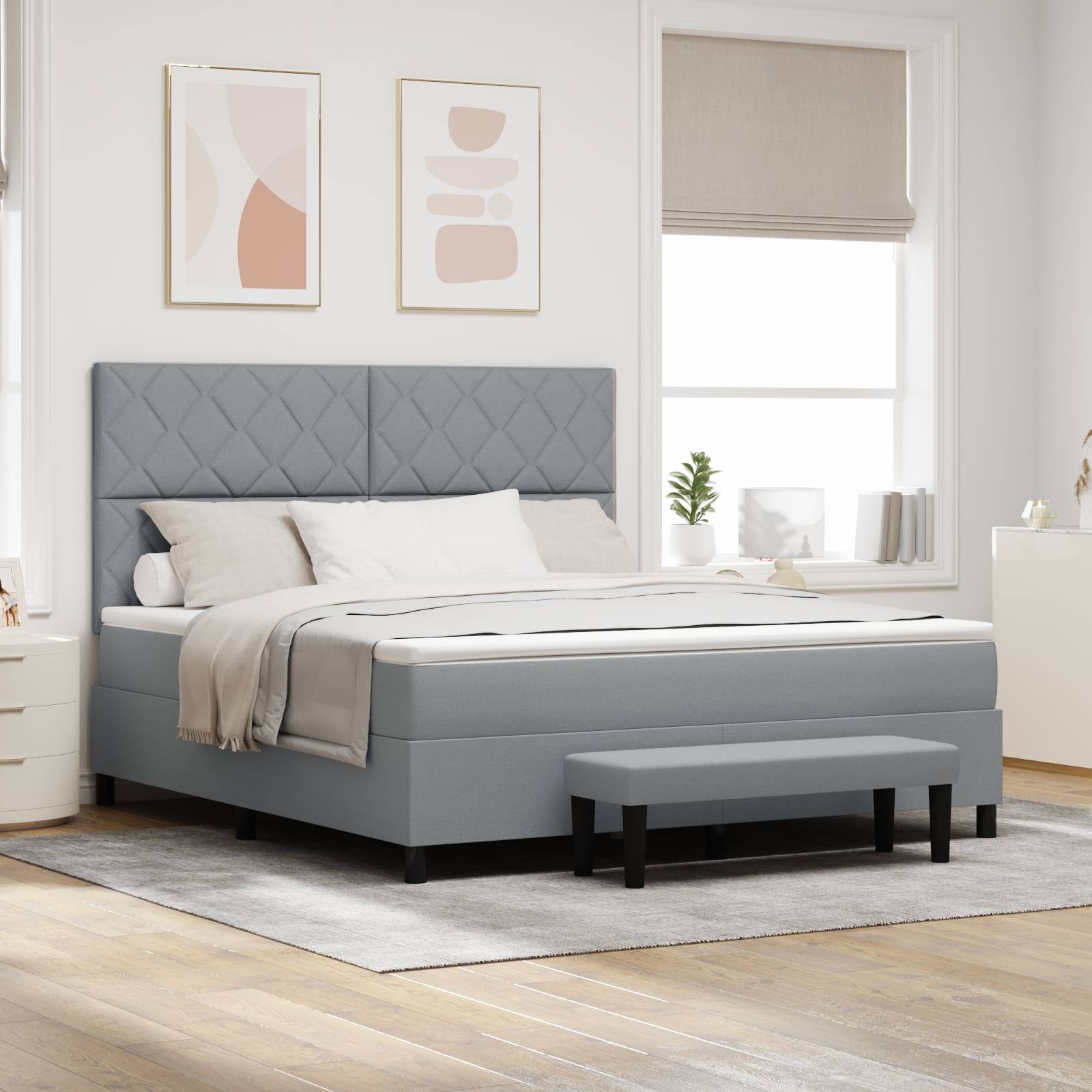 vidaXL Hellgraues Boxspringbett mit Matratze & Bank 180x200 cm Stoff