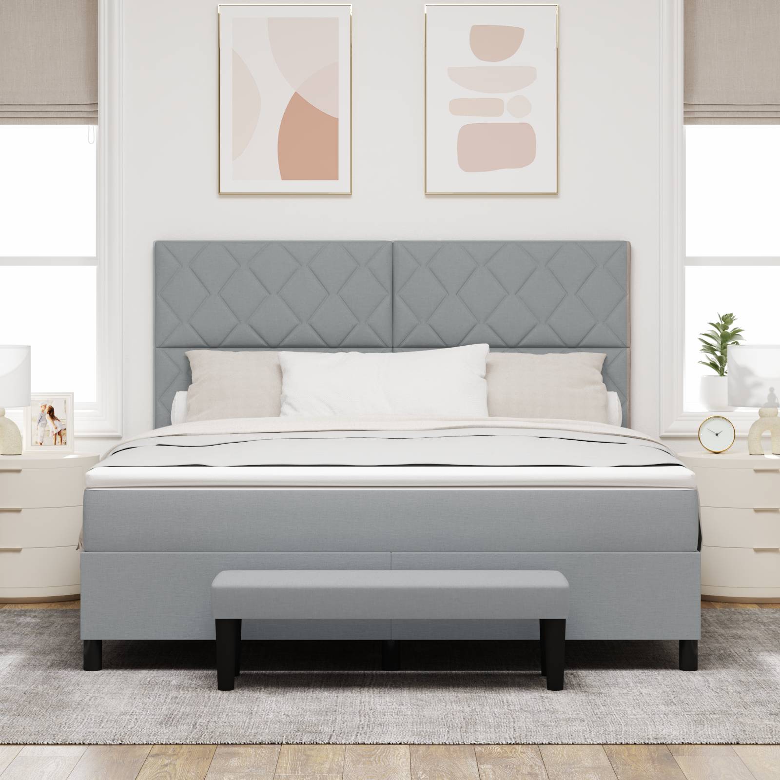 vidaXL Hellgraues Boxspringbett mit Matratze & Bank 180x200 cm Stoff