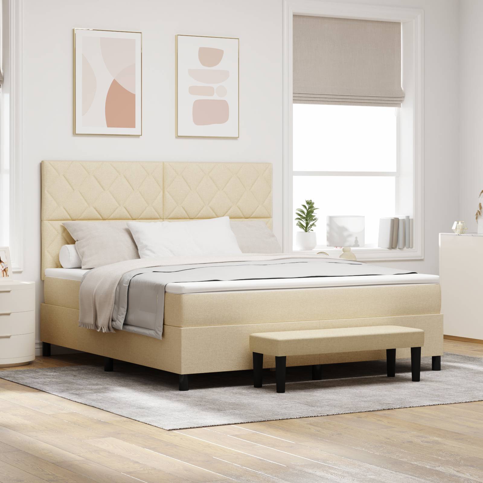 vidaXL Boxspringbett mit Matratze & Bank Creme 180x200 cm Stoff
