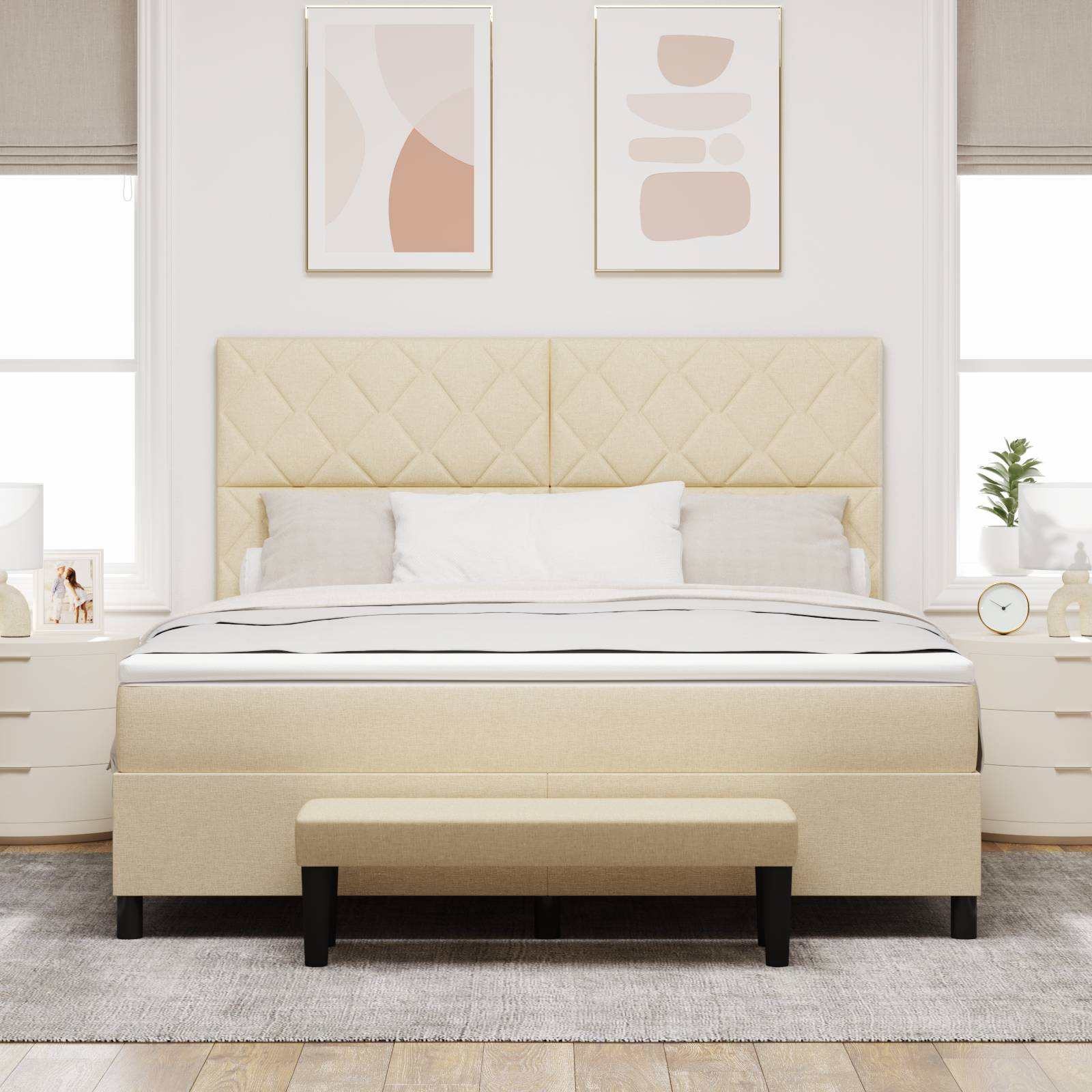 vidaXL Boxspringbett mit Matratze & Bank Creme 180x200 cm Stoff