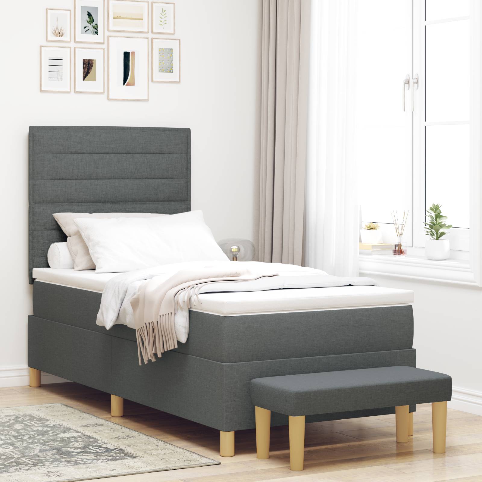 vidaXL Boxspringbett mit Matratze & Bank Dunkelgrau 100x200 cm Stoff