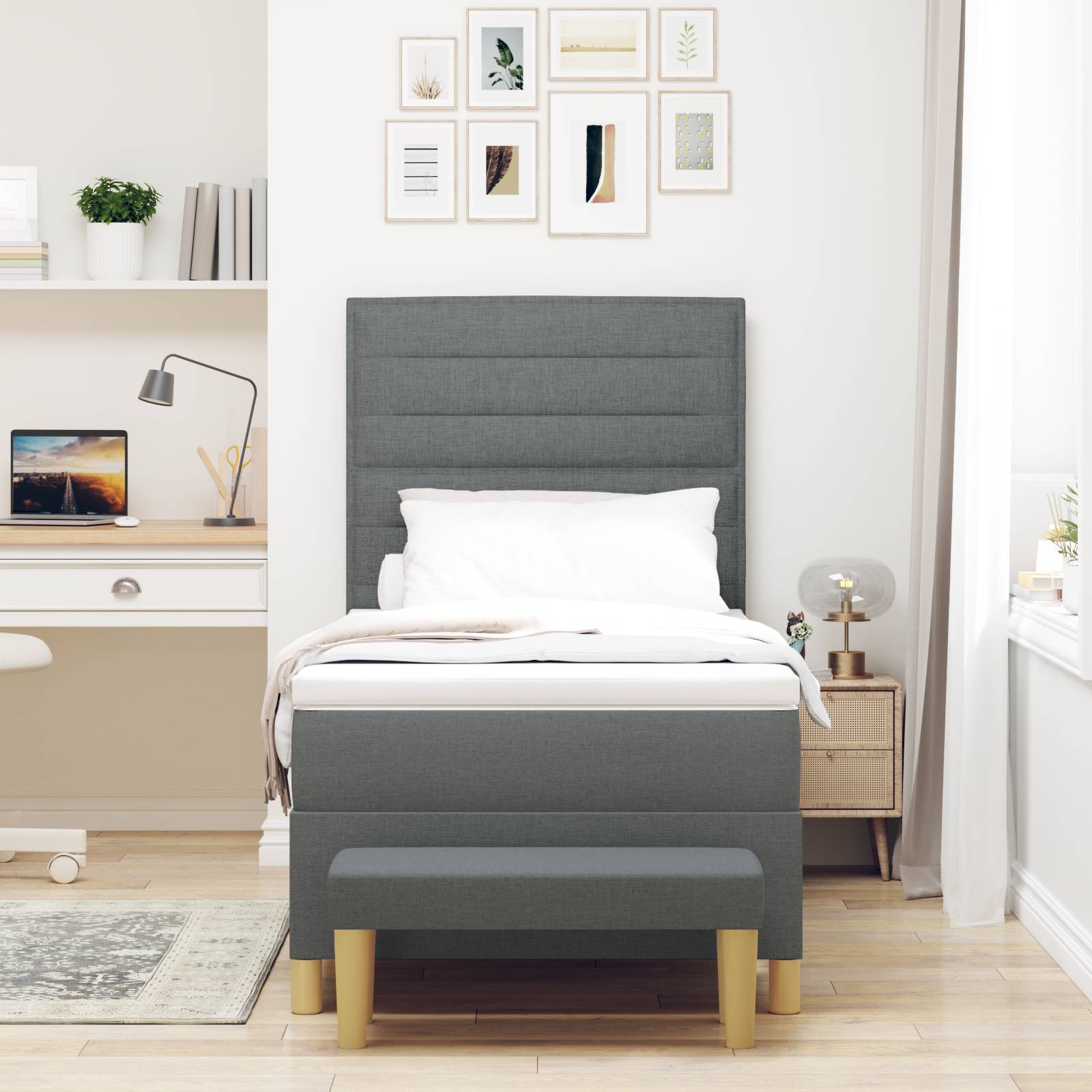vidaXL Boxspringbett mit Matratze & Bank Dunkelgrau 100x200 cm Stoff