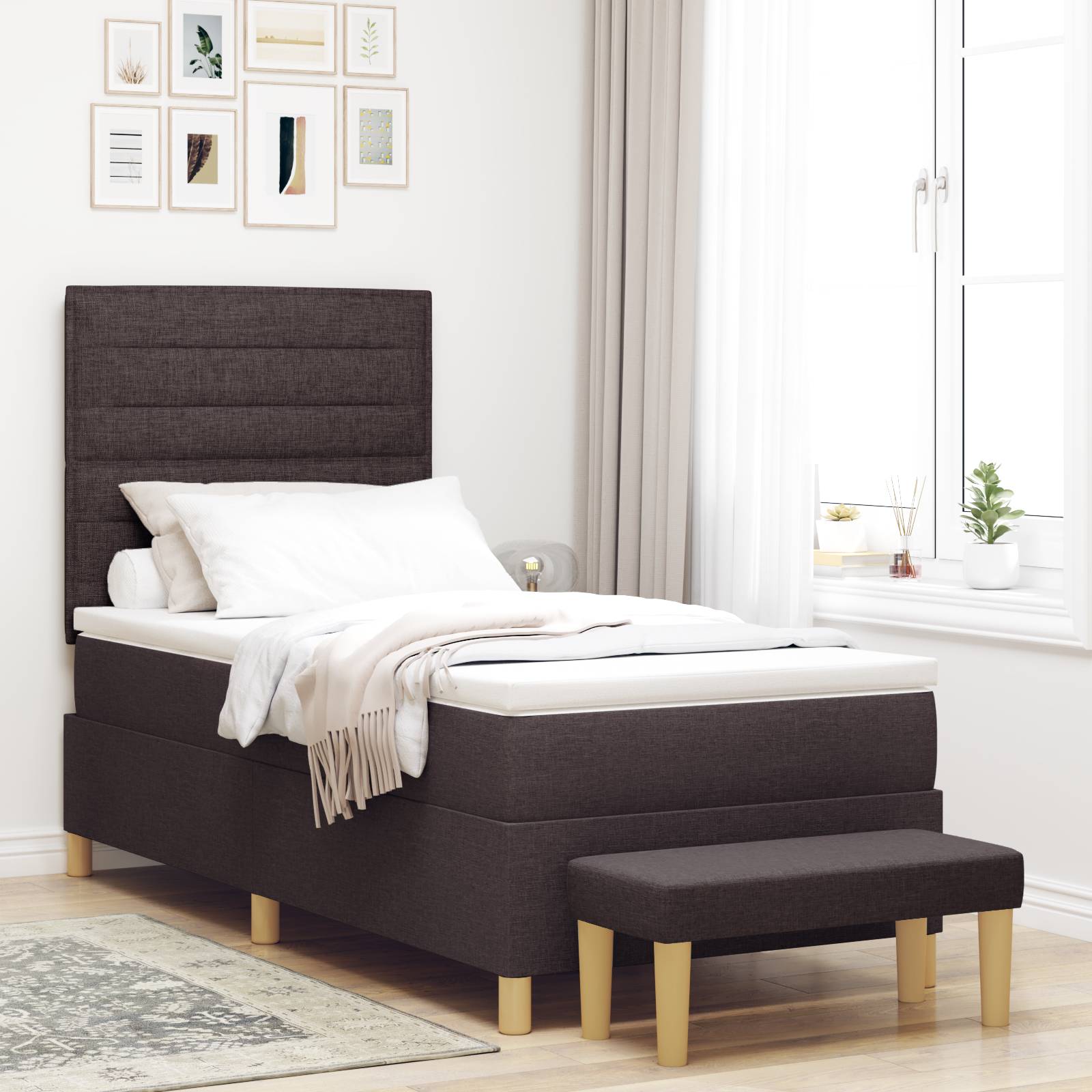 vidaXL Boxspringbett mit Matratze & Bank Dunkelbraun 100x200 cm Stoff