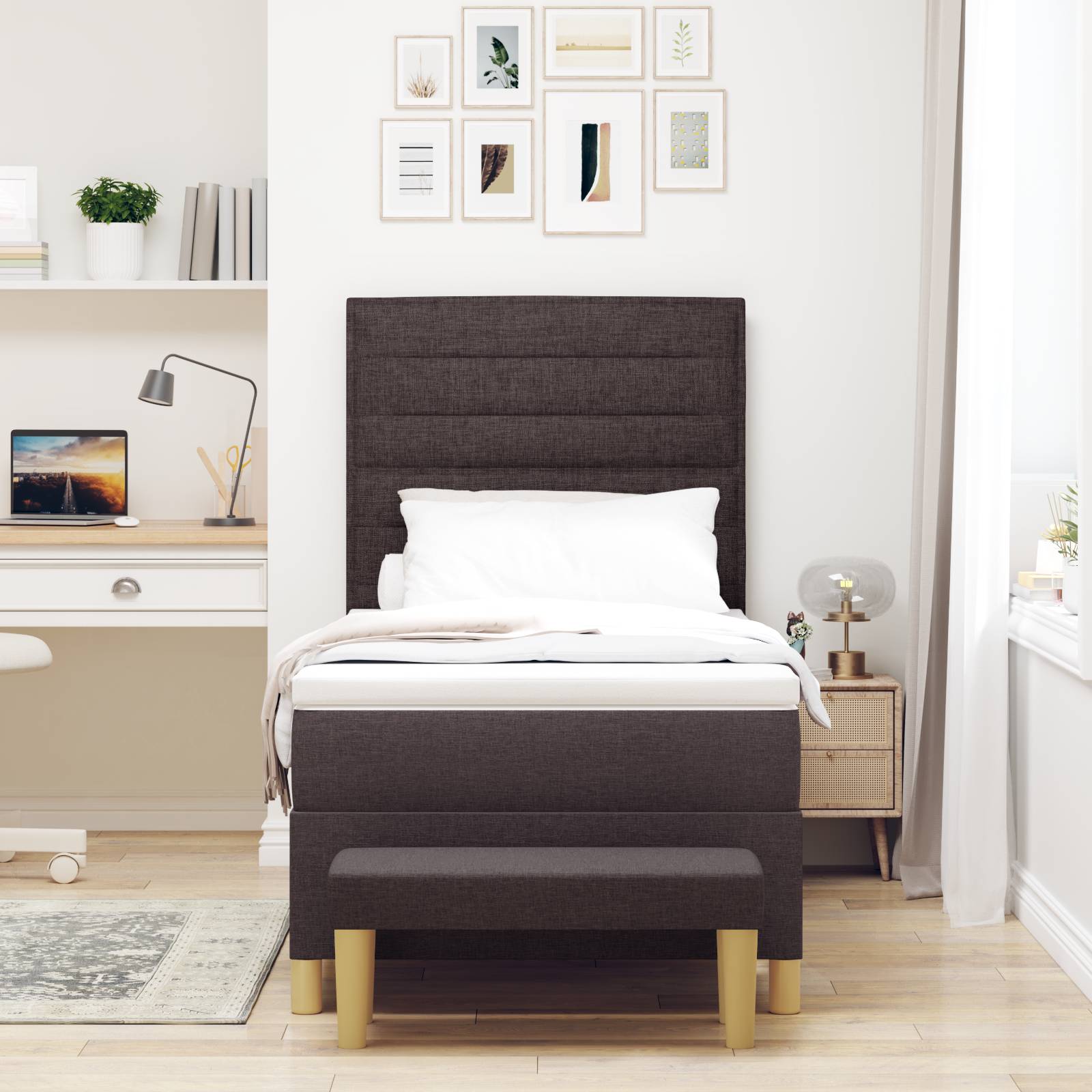 vidaXL Boxspringbett mit Matratze & Bank Dunkelbraun 100x200 cm Stoff