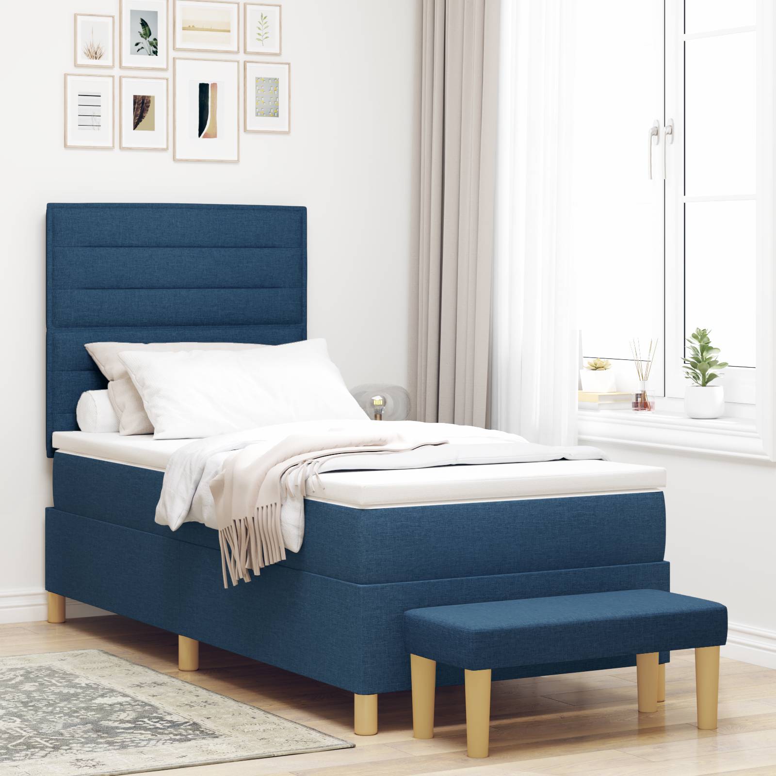 vidaXL Boxspringbett mit Matratze & Bank Blau 90x200 cm Stoff