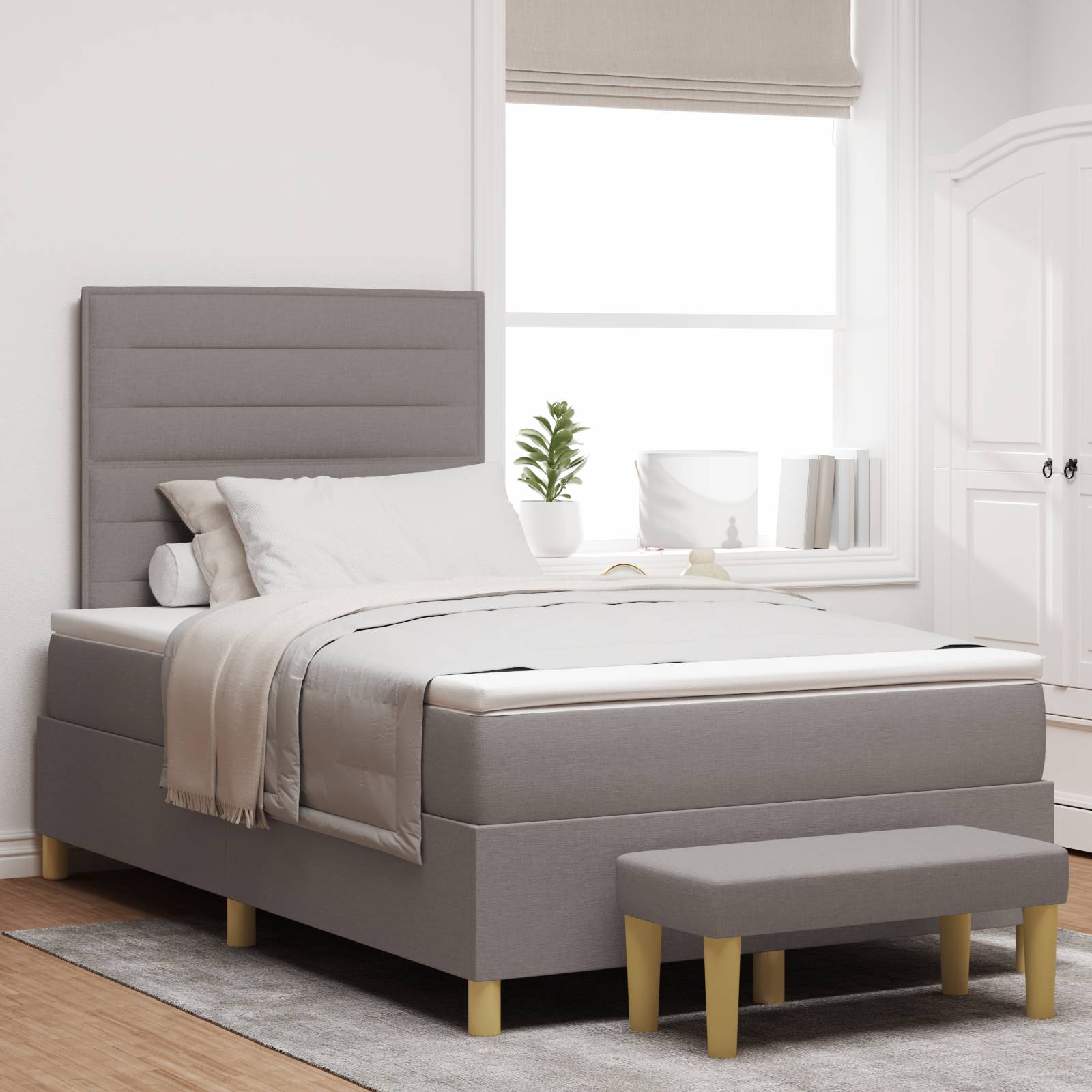 vidaXL Boxspringbett mit Matratze & Bank Taupe 120x200 cm Stoff