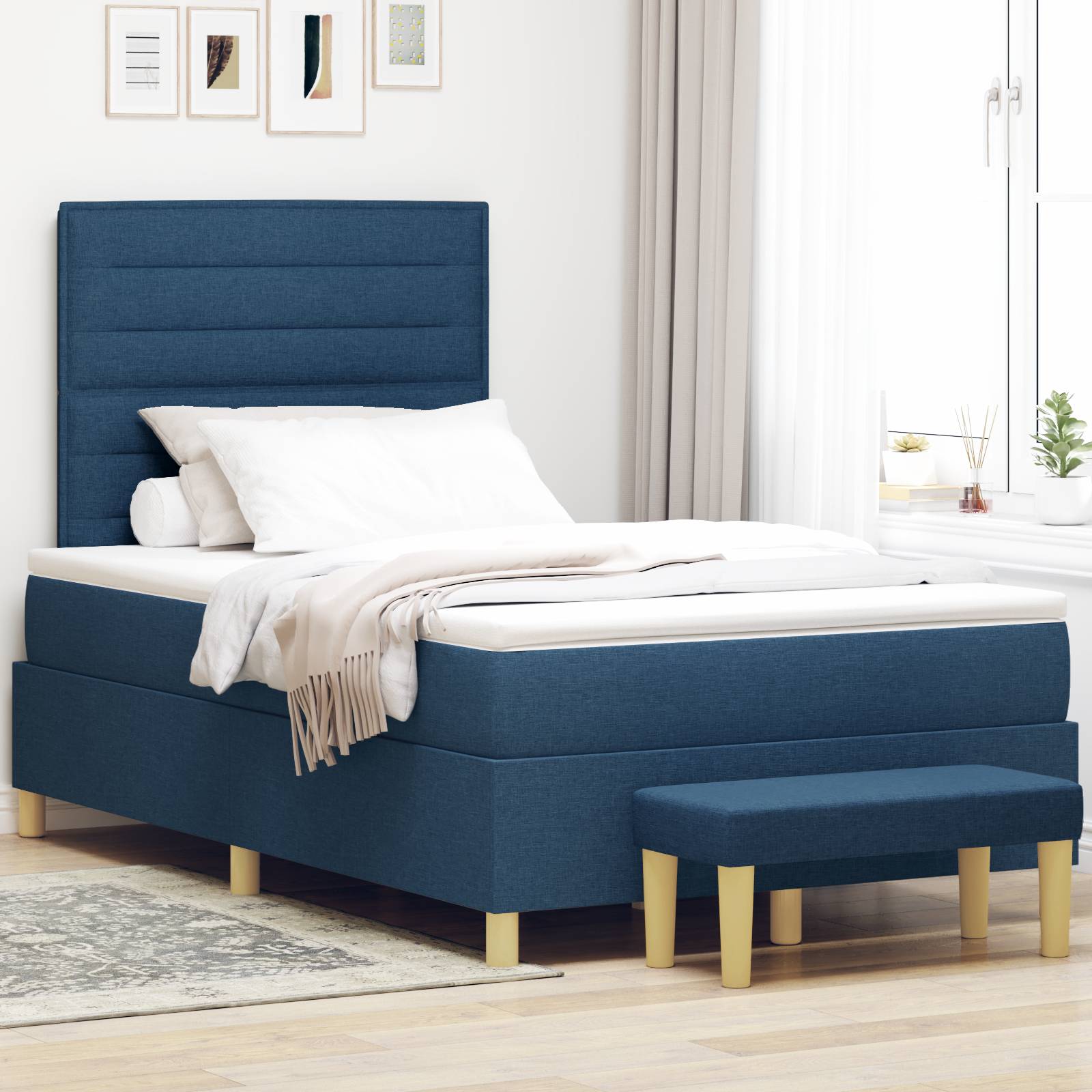 vidaXL Boxspringbett mit Matratze & Bank Blau 120x200 cm Stoff