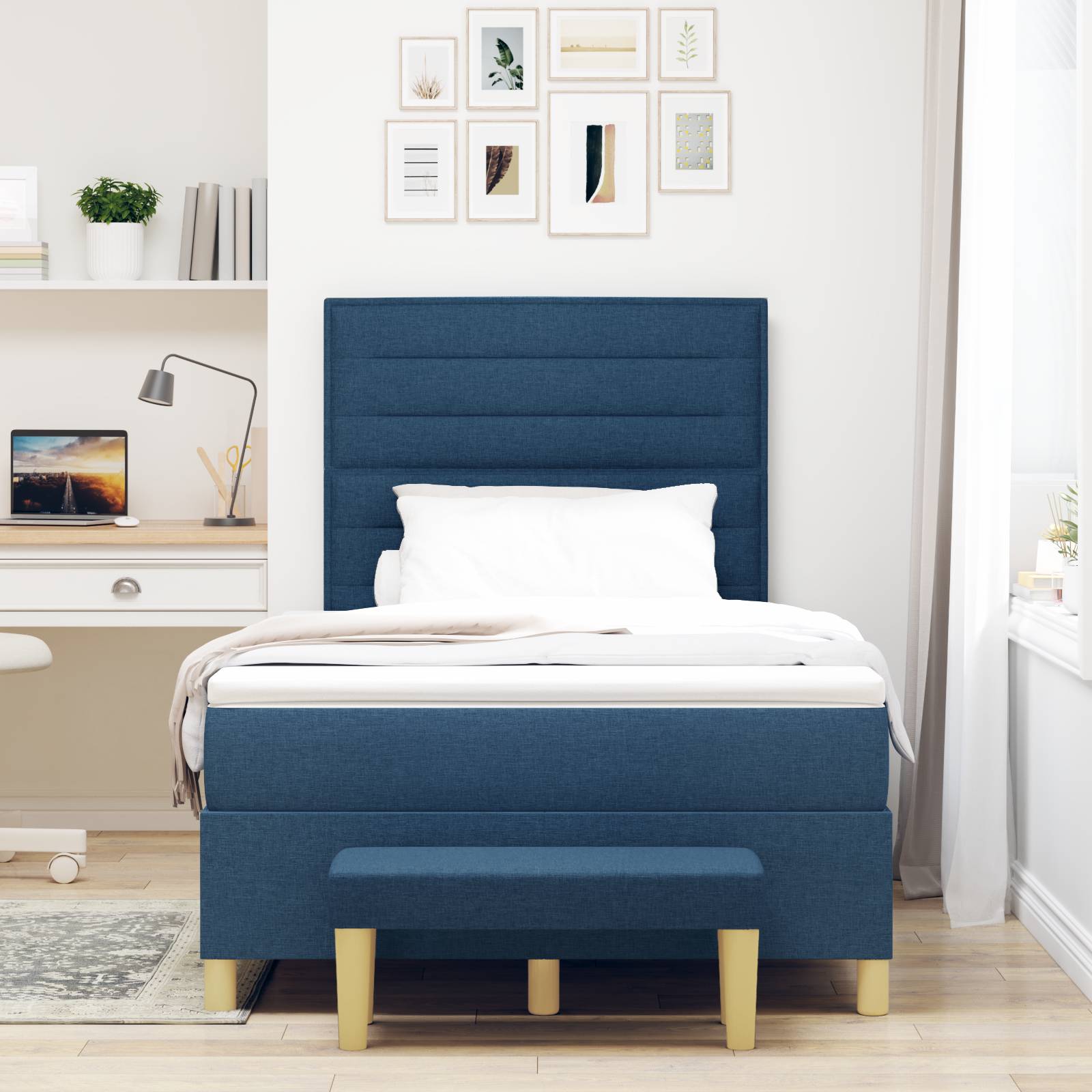 vidaXL Boxspringbett mit Matratze & Bank Blau 120x200 cm Stoff