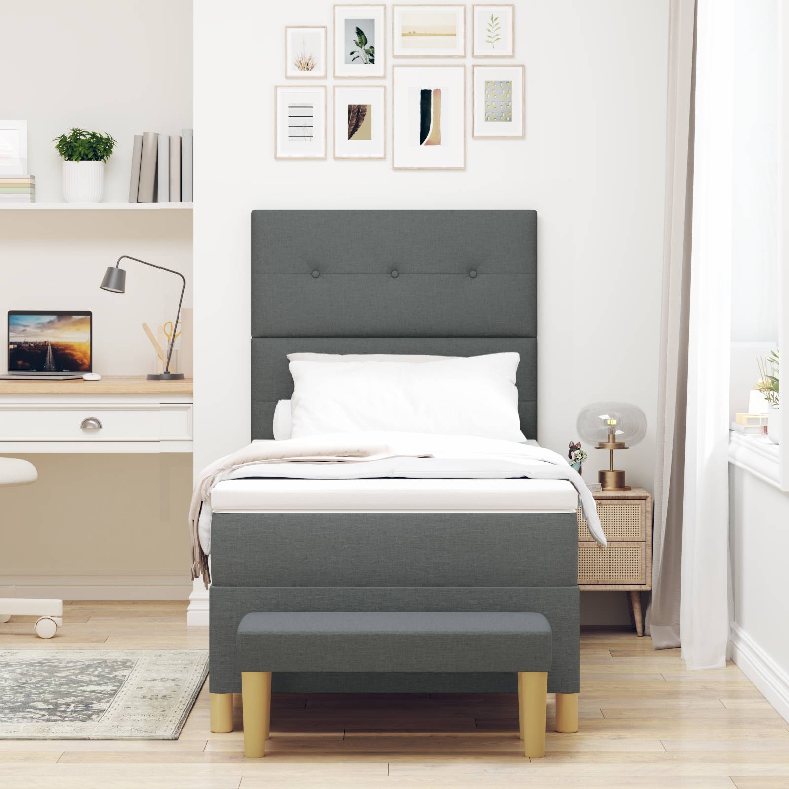 vidaXL Boxspringbett mit Matratze & Bank Dunkelgrau 80x200 cm Stoff