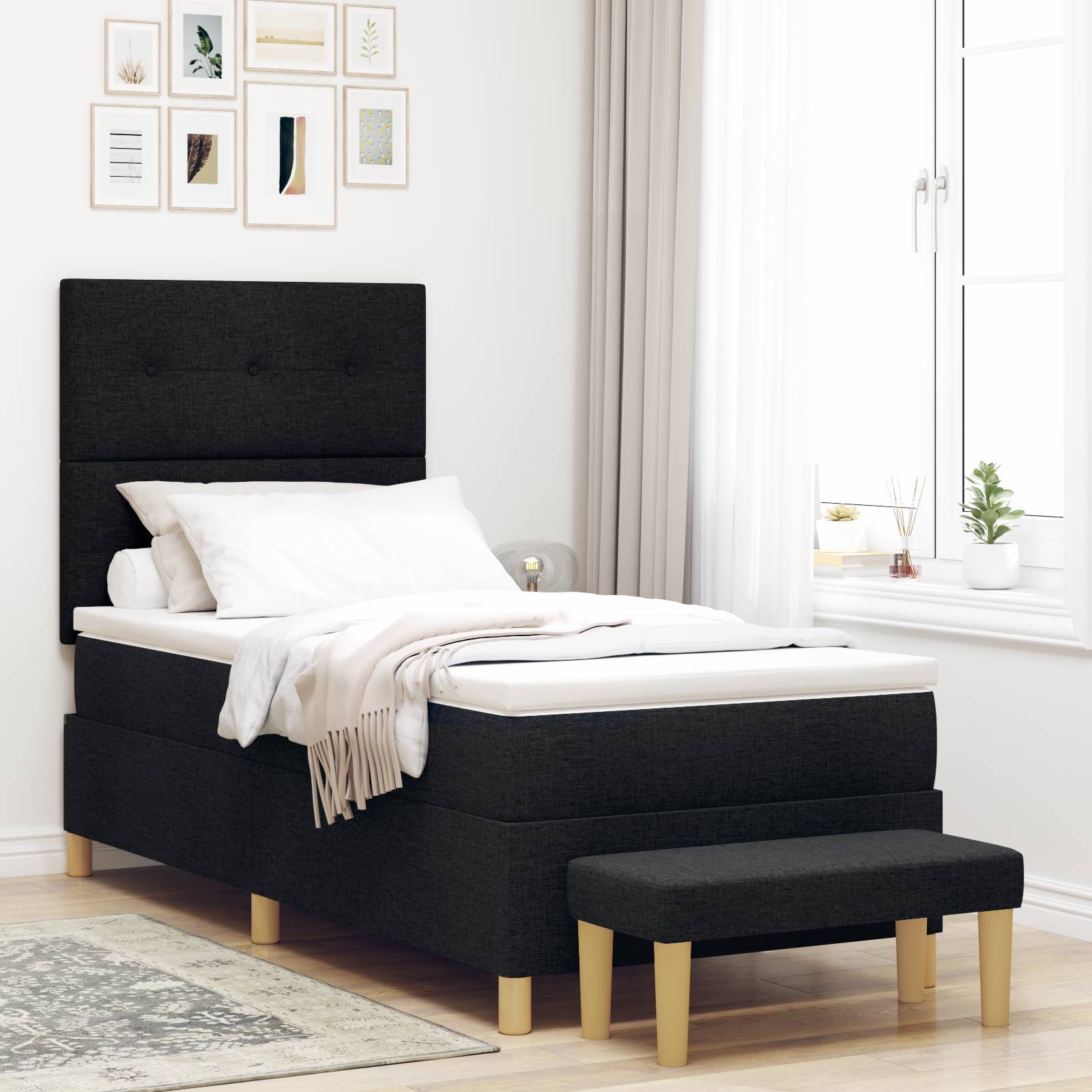 vidaXL Boxspringbett mit Matratze & Bank Schwarz 80x200 cm Stoff