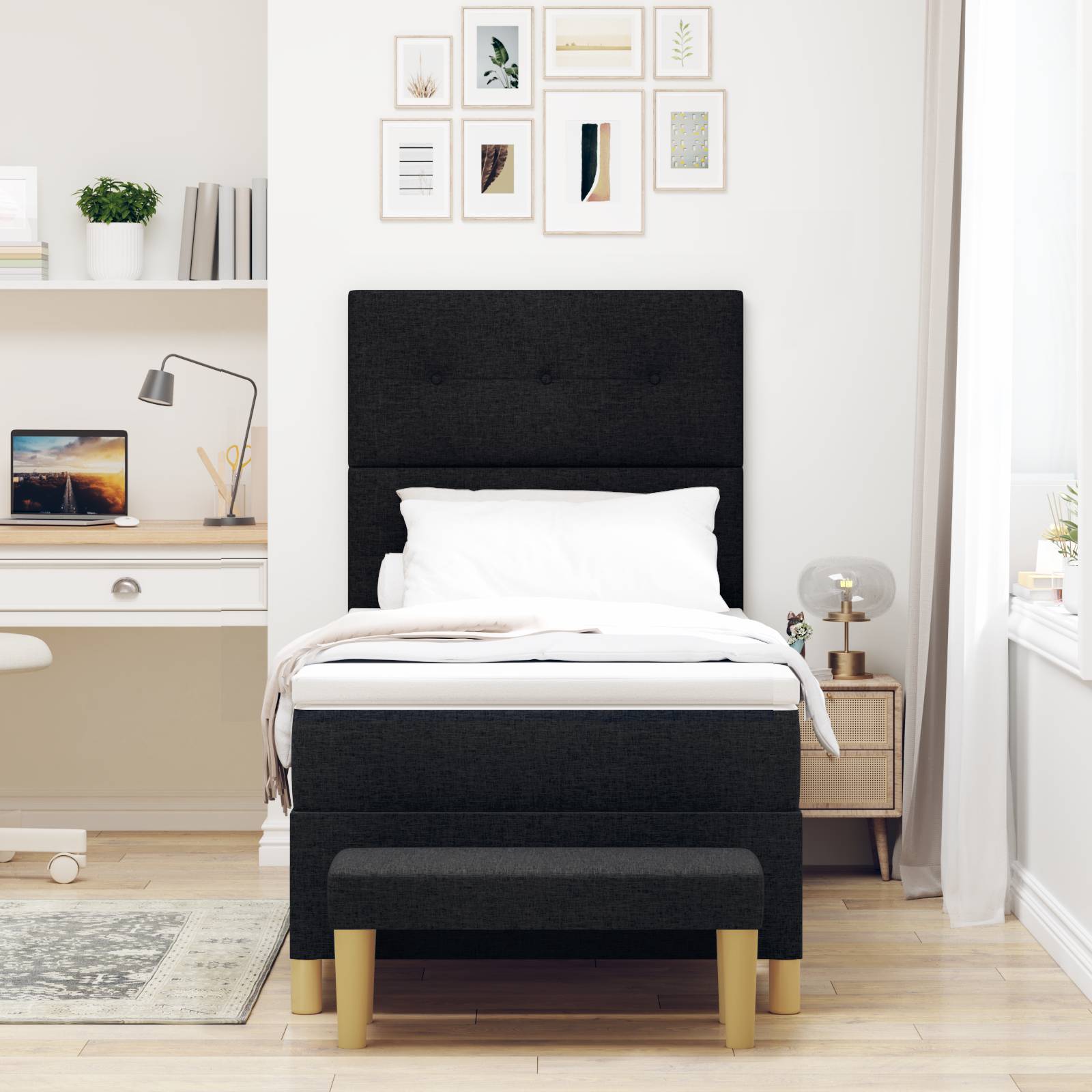 vidaXL Boxspringbett mit Matratze & Bank Schwarz 80x200 cm Stoff