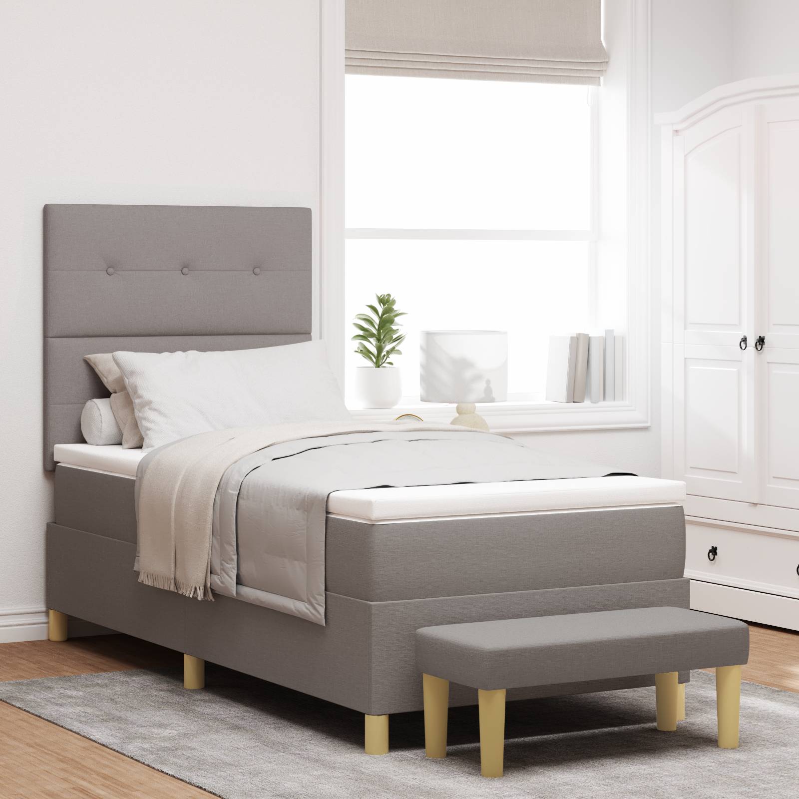 vidaXL Boxspringbett mit Matratze & Bank Taupe 100x200 cm Stoff