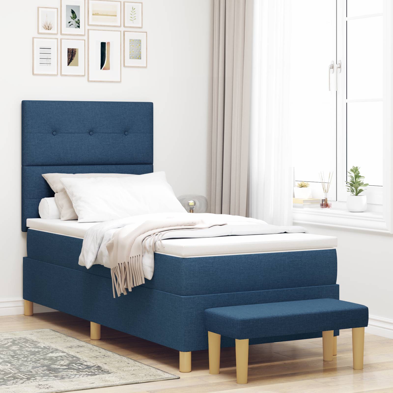 vidaXL Boxspringbett mit Matratze & Bank Blau 90x190 cm Stoff