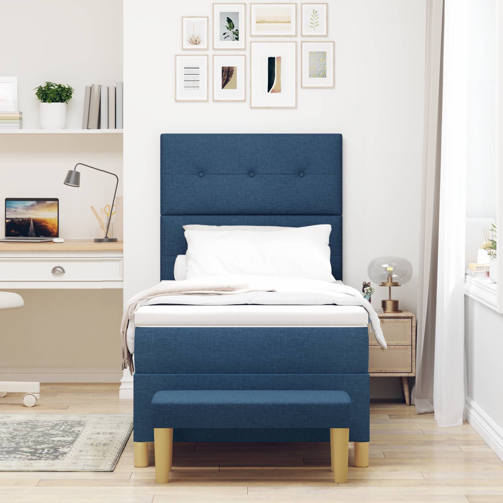 vidaXL Boxspringbett mit Matratze & Bank Blau 90x190 cm Stoff
