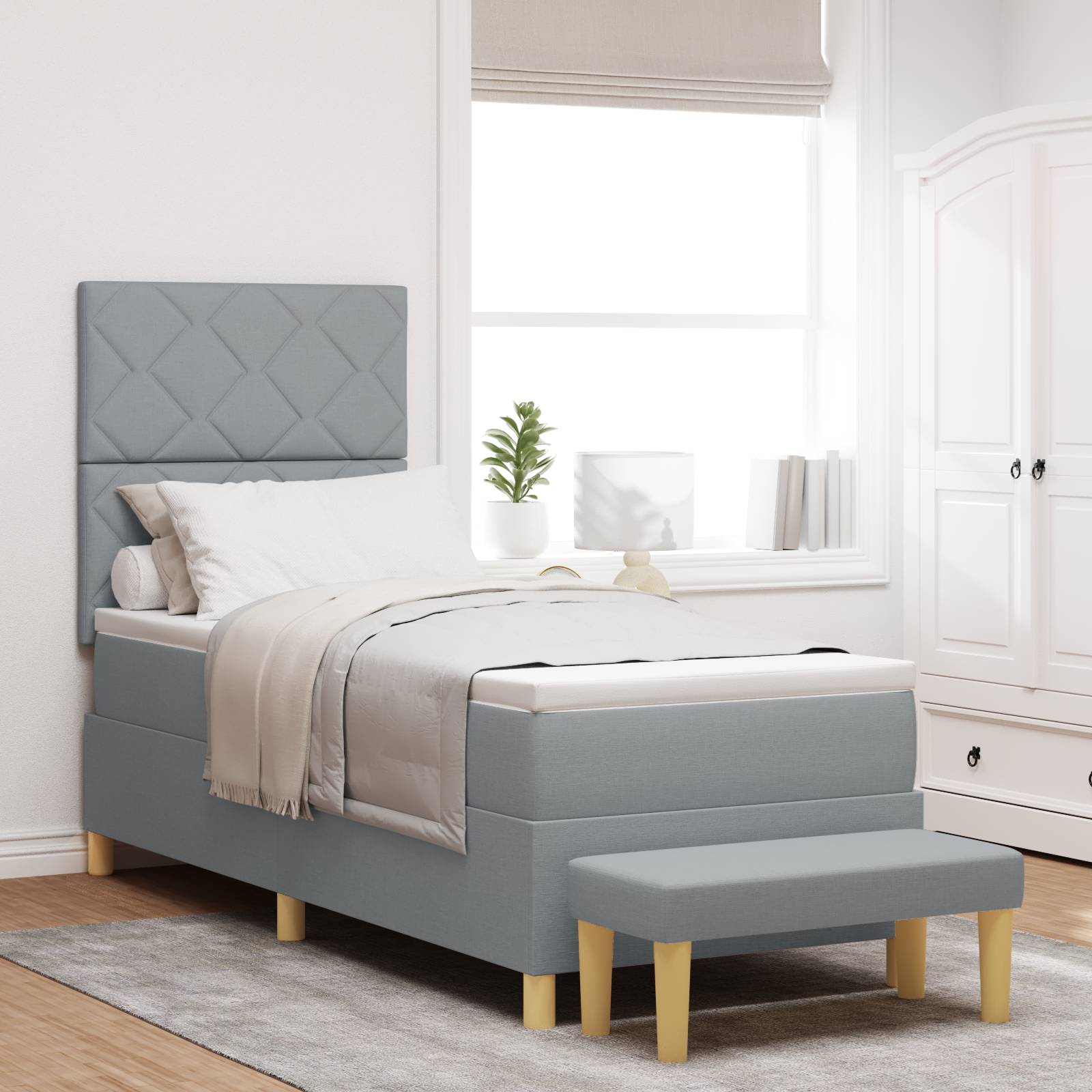 vidaXL Boxspringbett mit Matratze & Bank Hellgrau 80x200 cm Stoff