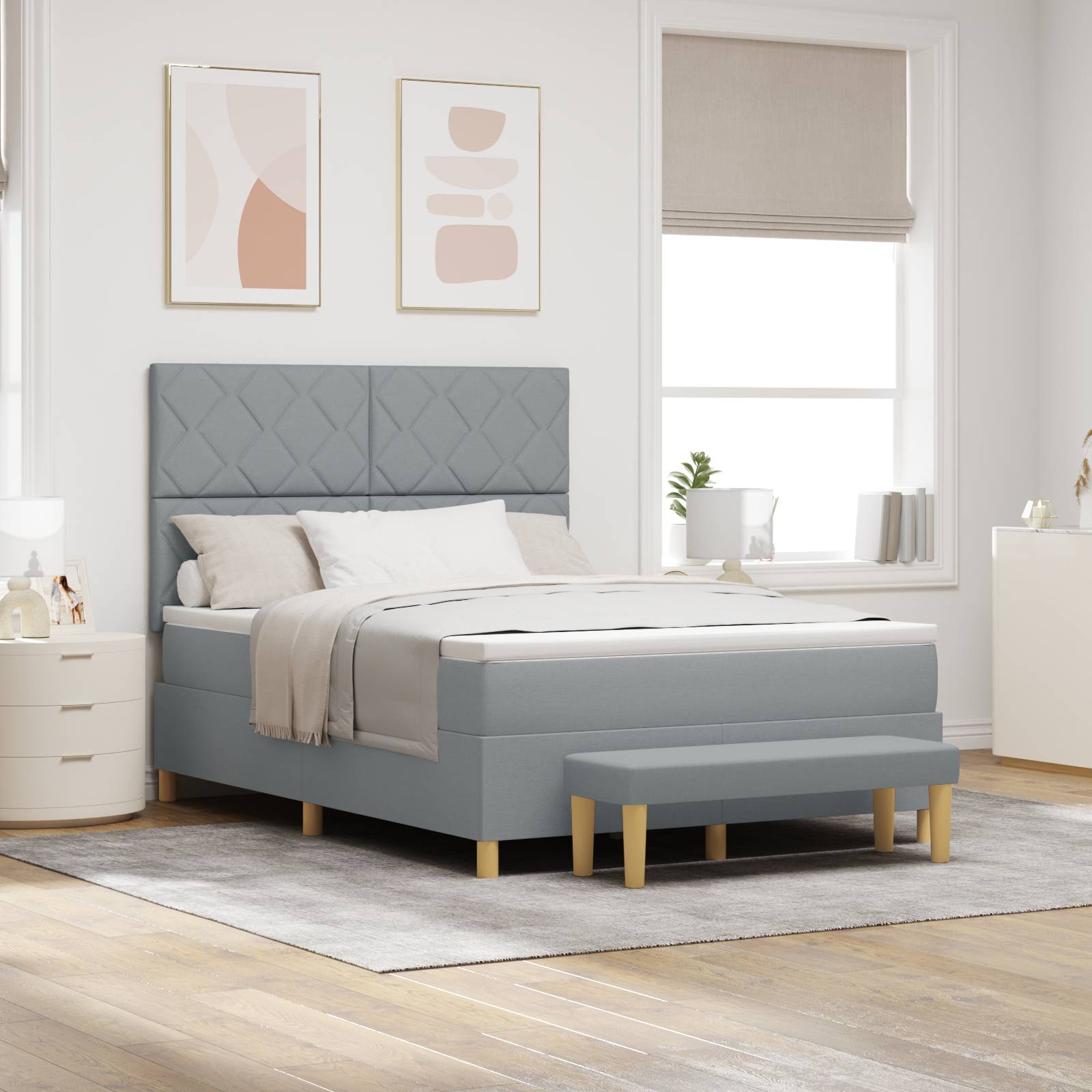 vidaXL Boxspringbett mit Matratze & Bank Hellgrau 140x200 cm Stoff