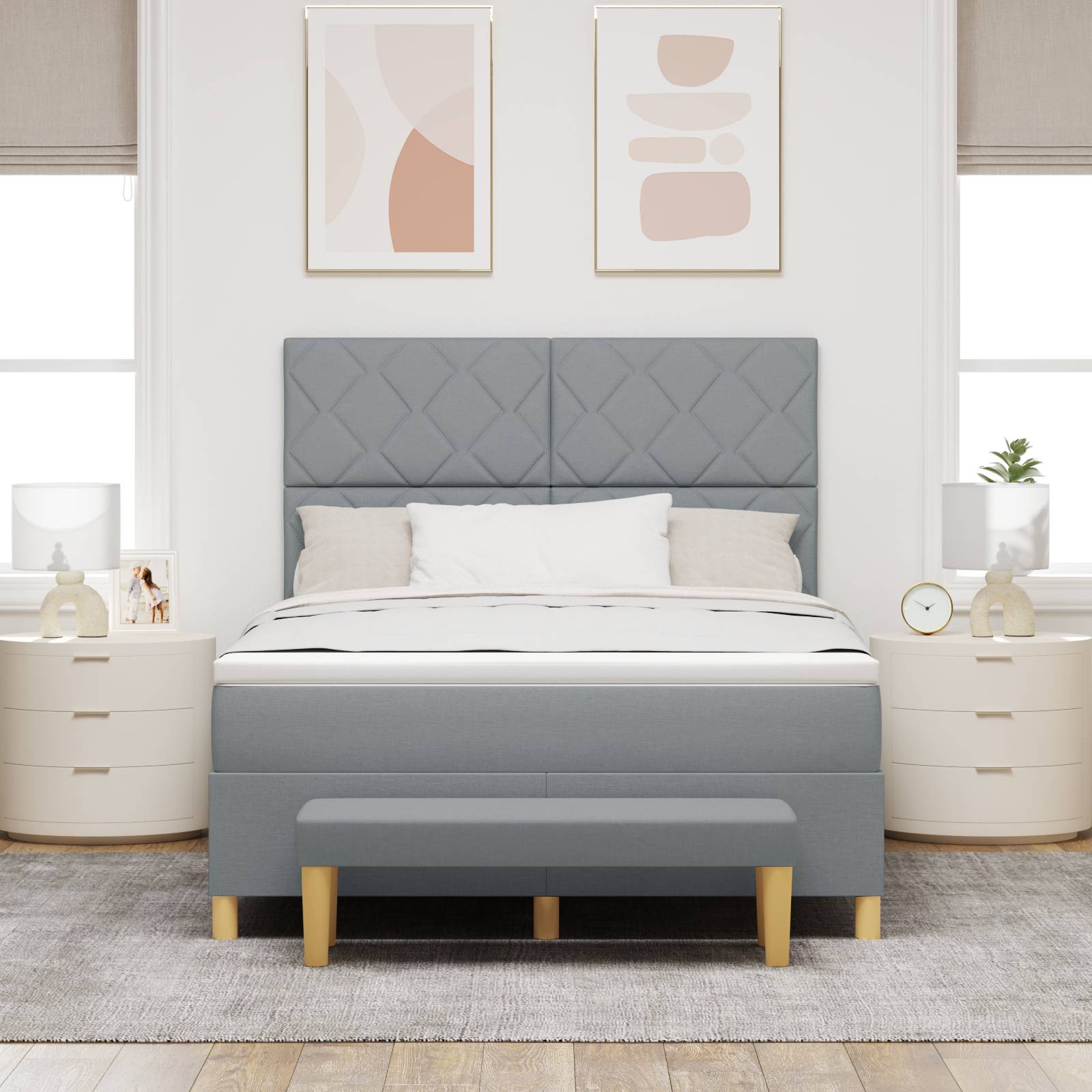 vidaXL Boxspringbett mit Matratze & Bank Hellgrau 140x200 cm Stoff