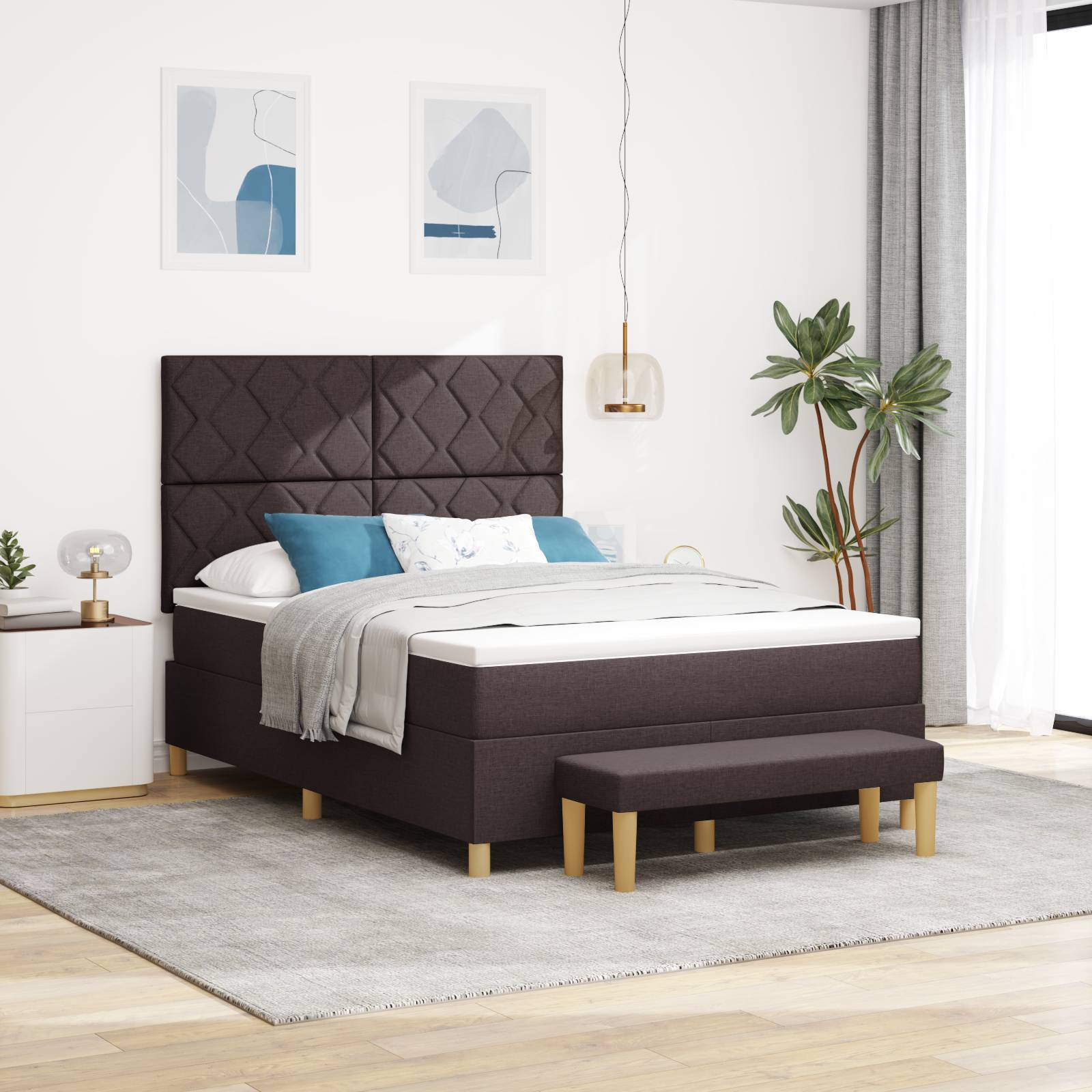 vidaXL Boxspringbett mit Matratze & Bank Dunkelbraun 140x190 cm Stoff
