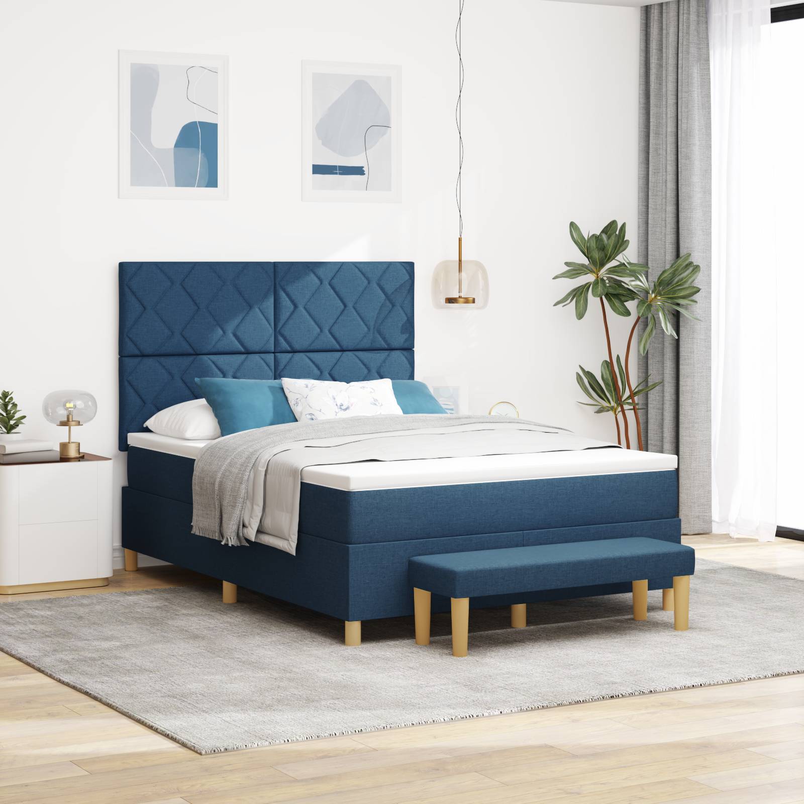 vidaXL Boxspringbett mit Matratze & Bank Blau 140x200 cm Stoff