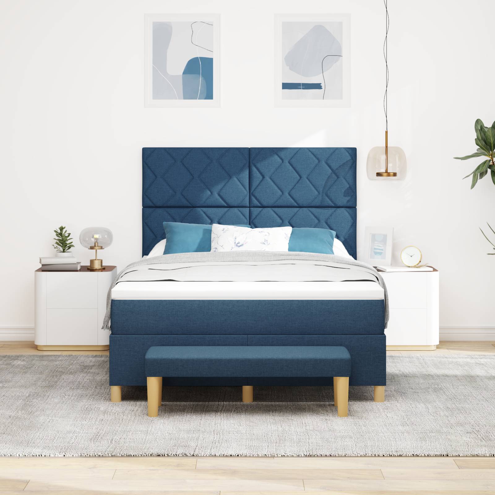 vidaXL Boxspringbett mit Matratze &amp; Bank Blau 140x200 cm Stoff