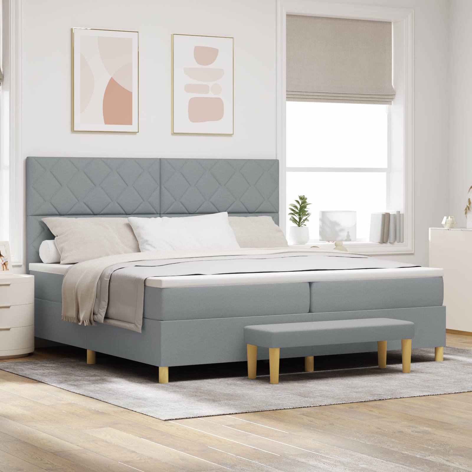 vidaXL Boxspringbett mit Matratze und Bank hellgrau 200x200 cm Stoff