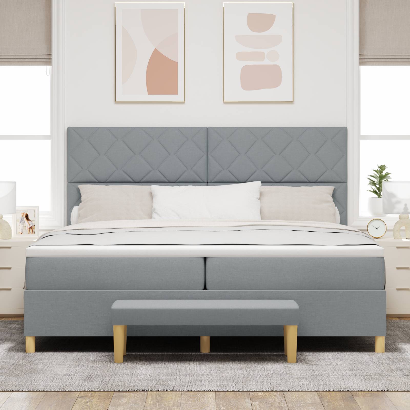vidaXL Boxspringbett mit Matratze und Bank hellgrau 200x200 cm Stoff