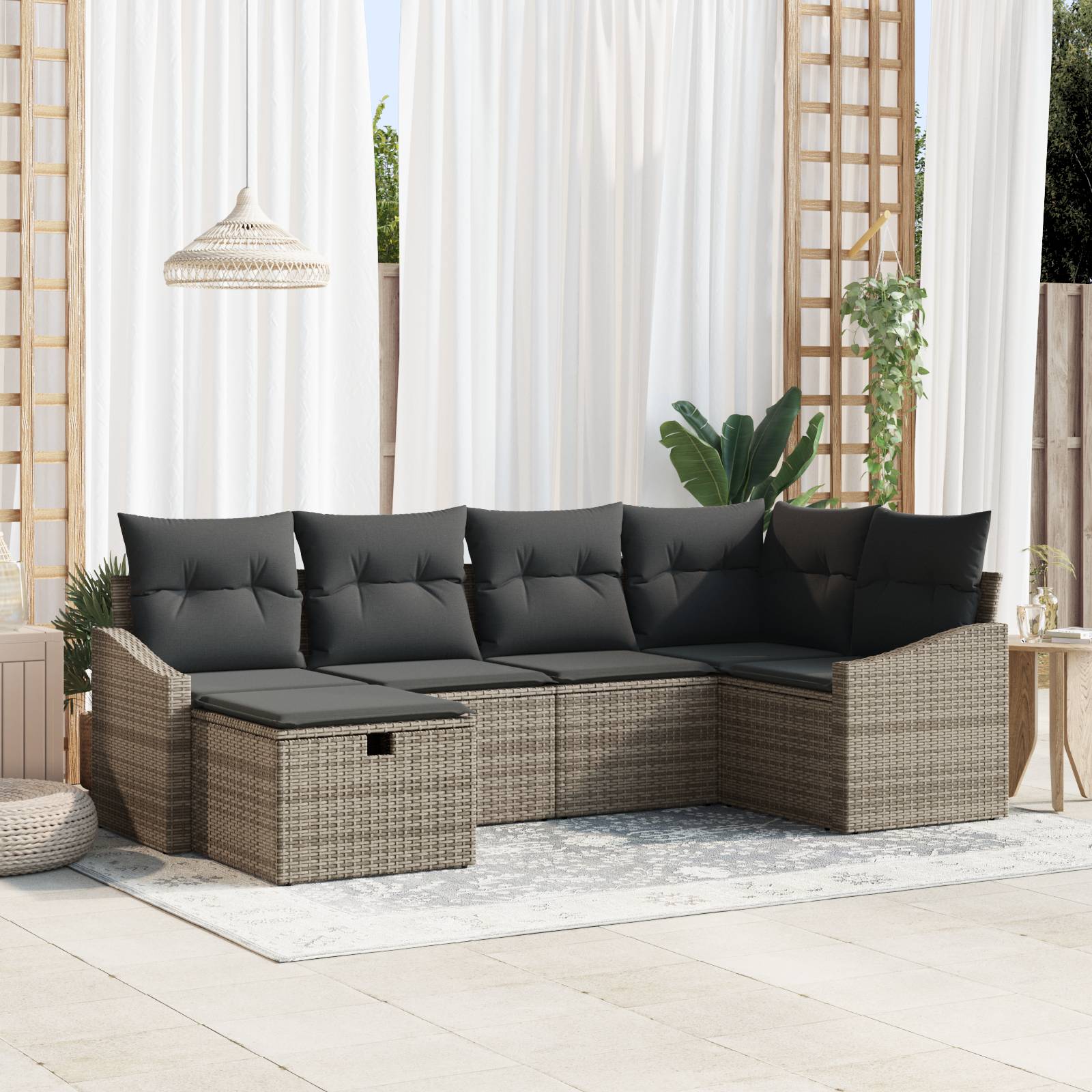 vidaXL 6-tlg. Garten-Sofagarnitur mit Kissen Grau Poly Rattan