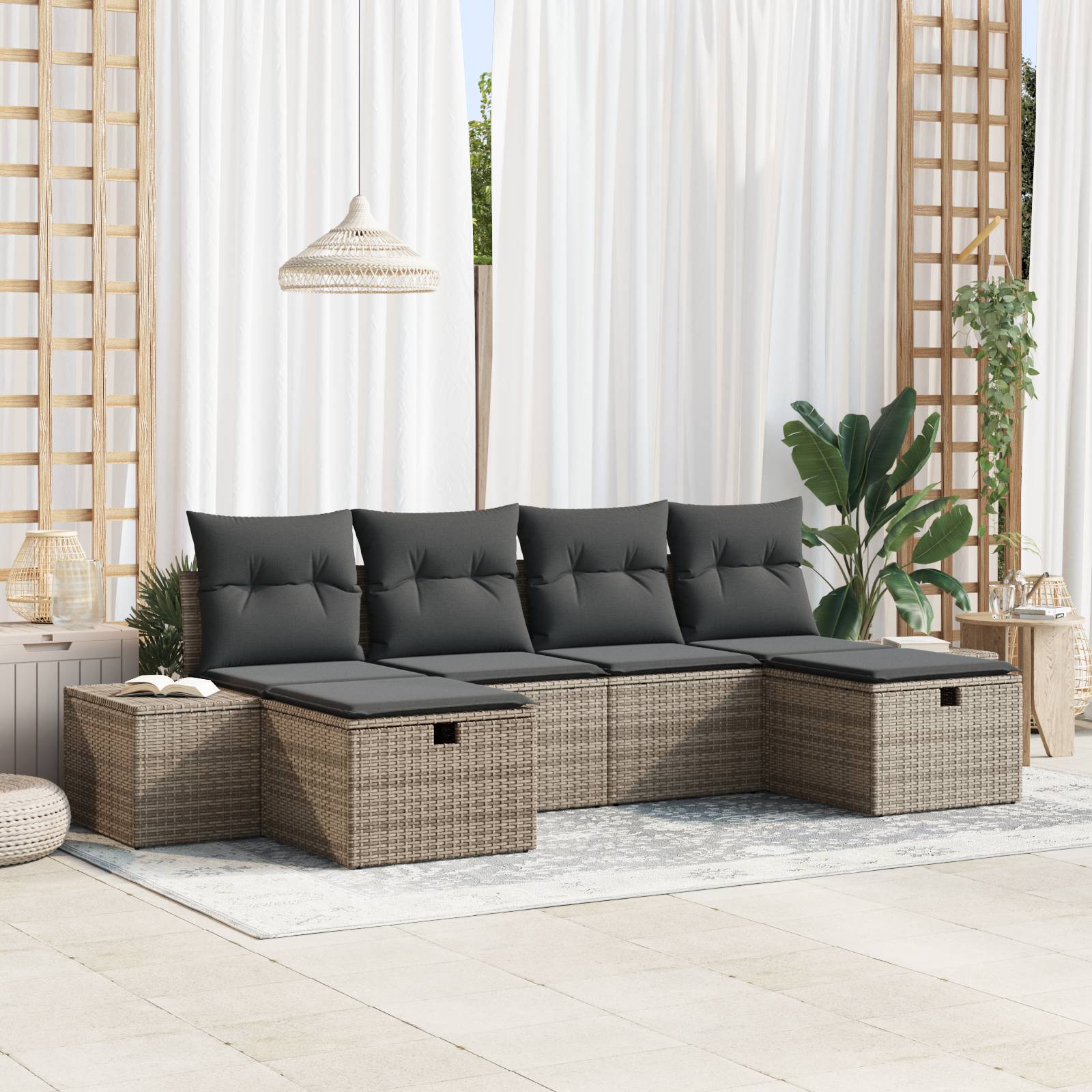 vidaXL 6-teiliges Garten-Sofaset mit Kissen – Graues Poly-Rattan