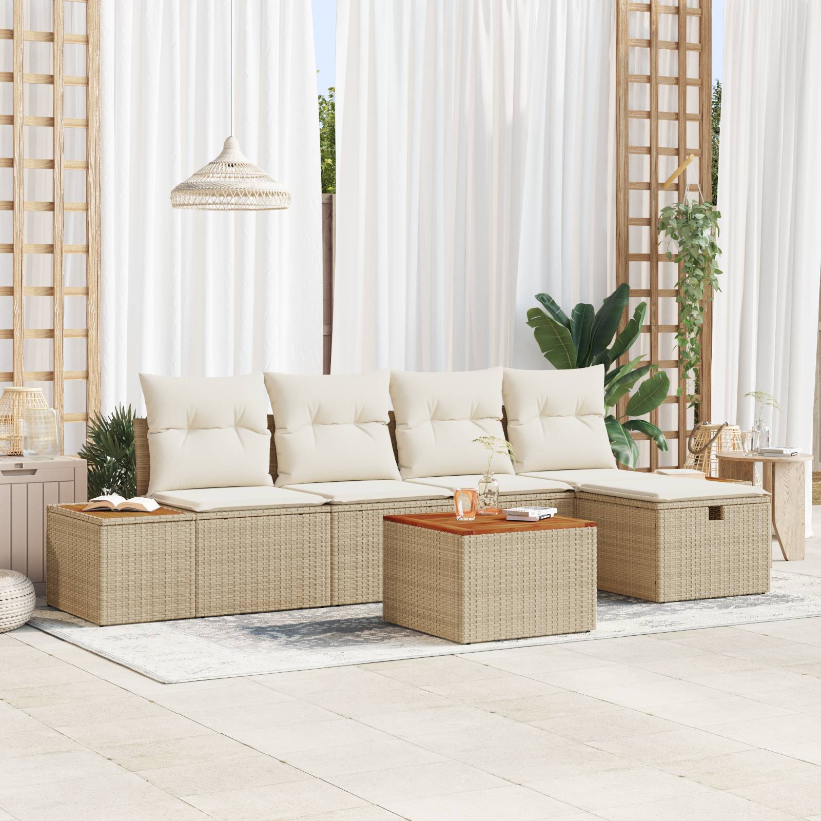 vidaXL 6-teiliges Garten Sofa Set mit Kissen, beiges Poly-Rattan
