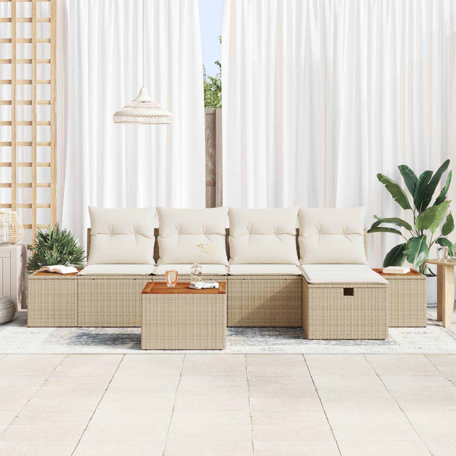 vidaXL 6-teiliges Garten Sofa Set mit Kissen, beiges Poly-Rattan