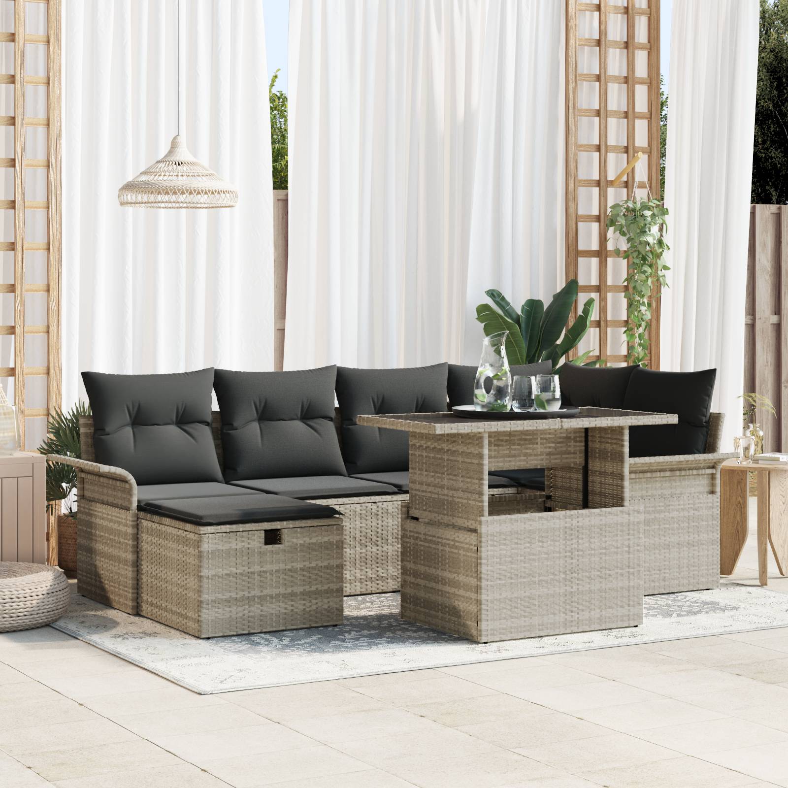 vidaXL 7-teiliges Garten-Sofa-Set mit Kissen Hellgrau Poly-Rattan