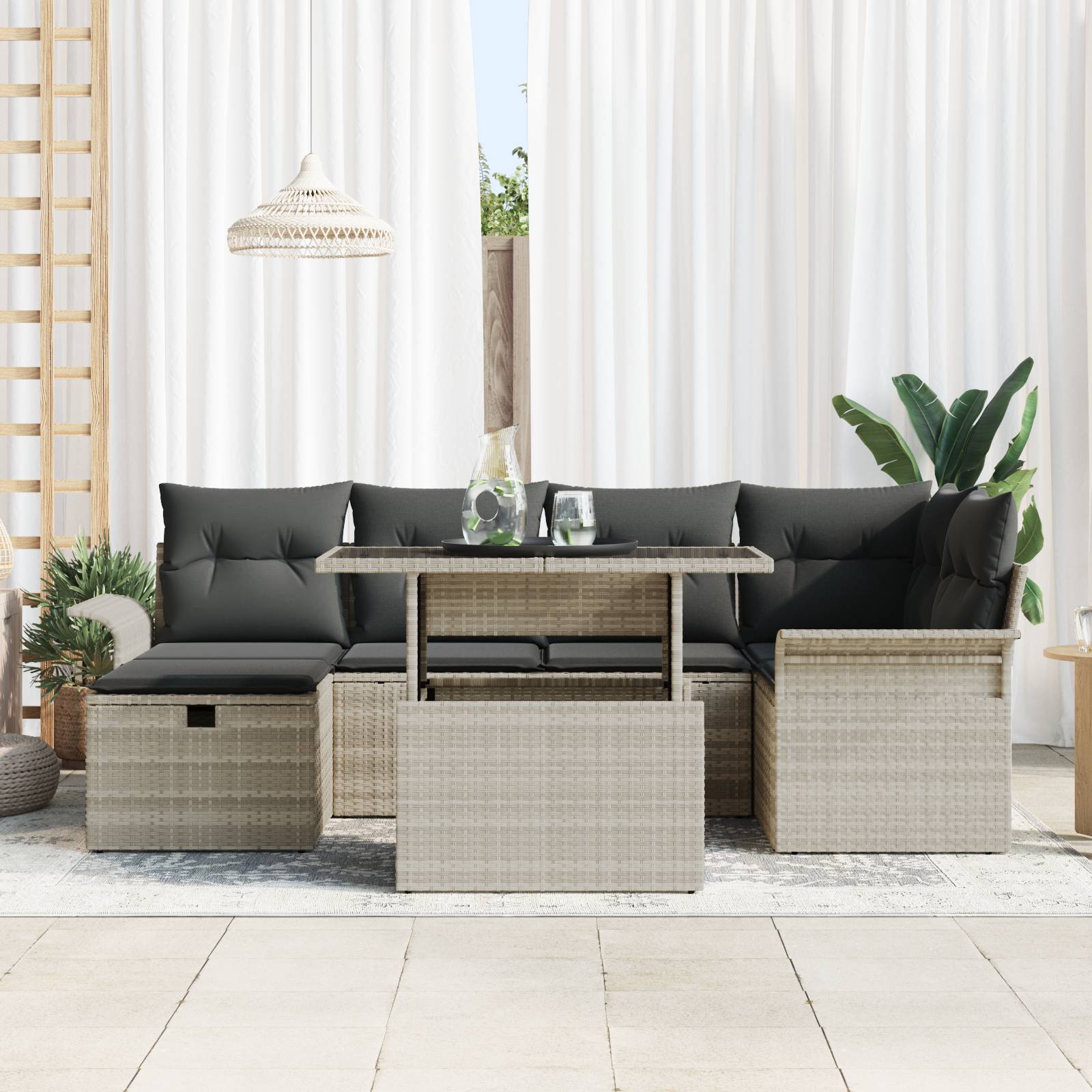 vidaXL 7-teiliges Garten-Sofa-Set mit Kissen Hellgrau Poly-Rattan