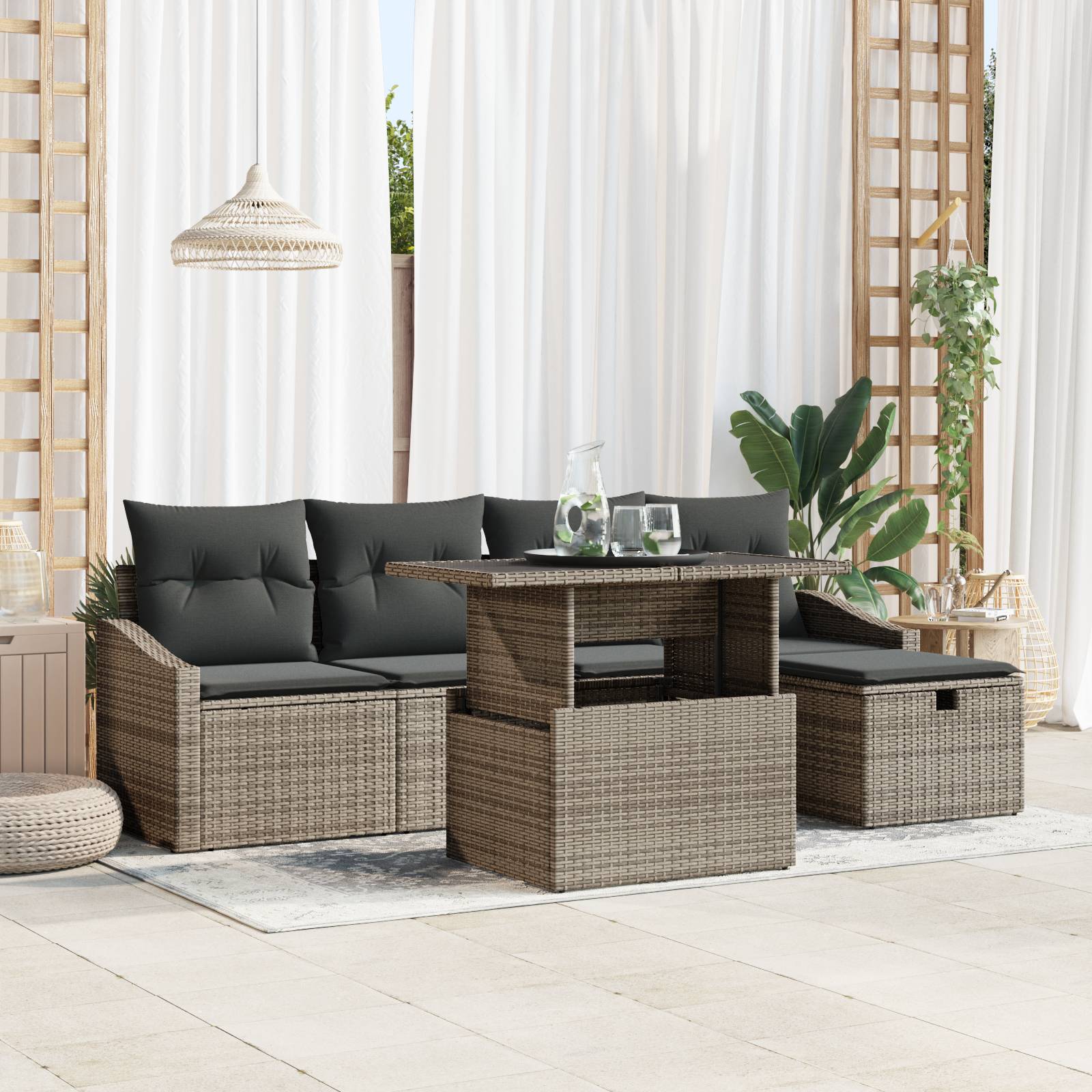 vidaXL 6-teiliges Garten-Sofa-Set mit Kissen - Graues Poly-Rattan