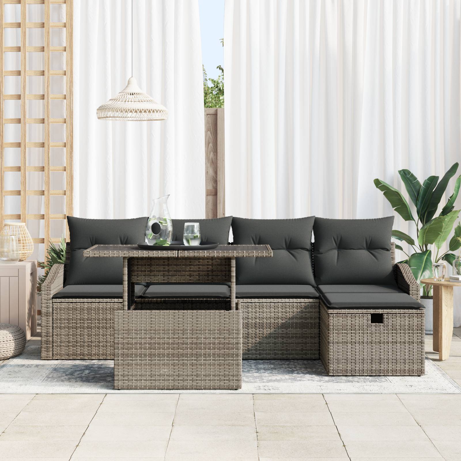vidaXL 6-teiliges Garten-Sofa-Set mit Kissen - Graues Poly-Rattan